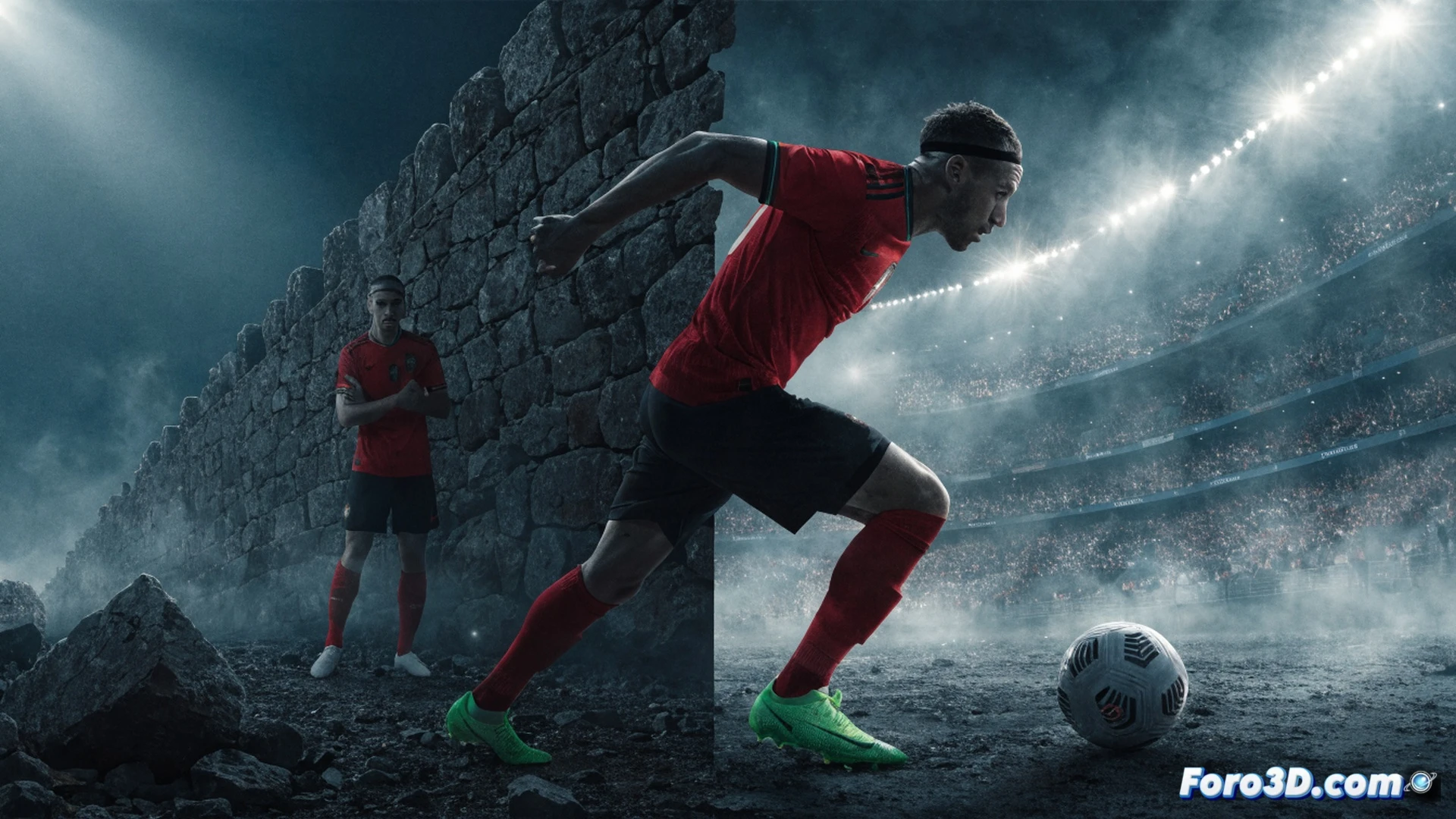 Marruecos equipo fútbol transformación táctica, jugador con camiseta roja presionando alto mientras defensor rival retrocede, falso nueve recibiendo balón de espaldas a portería, líneas de presión ofensiva marcadas con flechas dinámicas, diagrama táctico superpuesto mostrando posesión y movimiento, estadio lleno con aficionados ondeando banderas marroquíes, contraste entre bloque defensivo anterior y ataque actual, estilo cinematic photorealistic, iluminación dramática de partido nocturno, césped verde intenso, balón en acción durante jugada clave, transición táctica visualizada con líneas de conexión entre jugadores