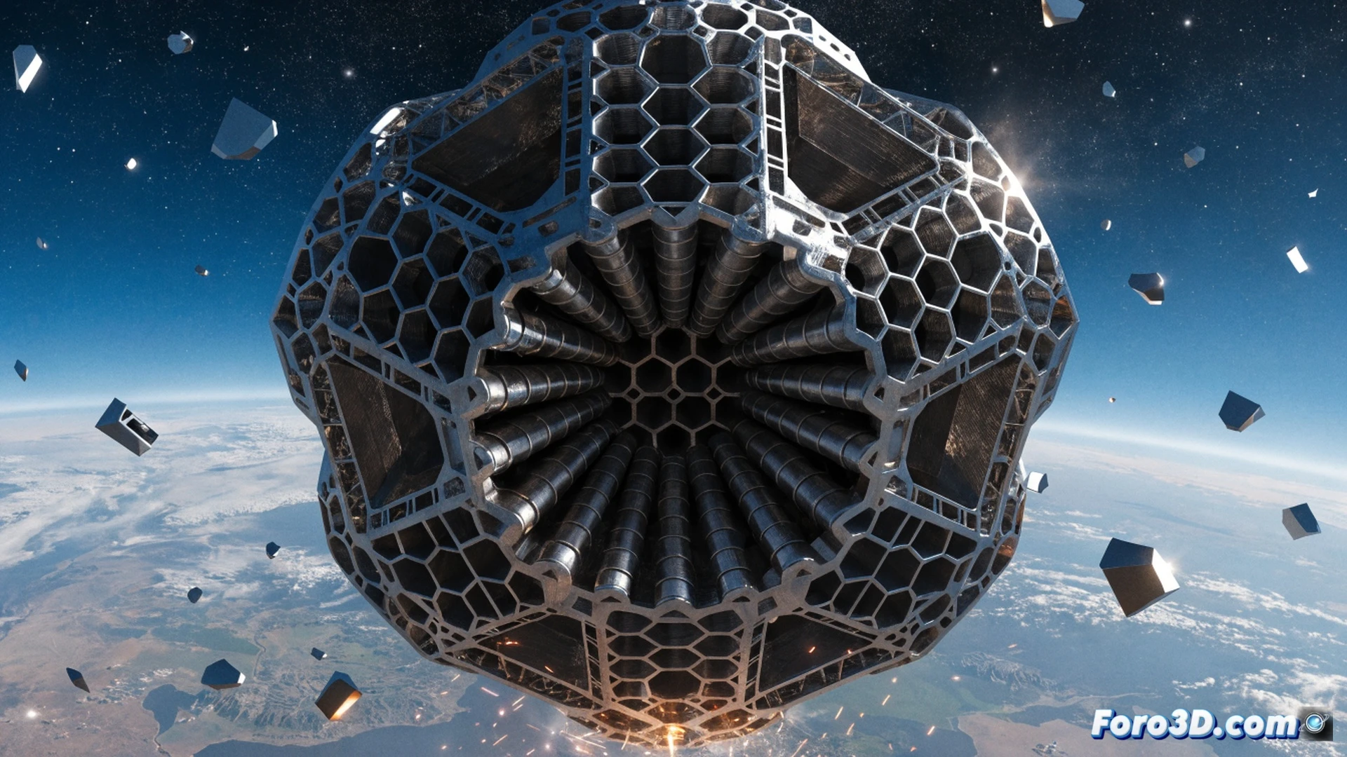 Contenedor de titanio impreso en 3D cayendo libremente desde el espacio hacia una superficie rocosa marciana, estructura hexagonal absorbiendo el impacto a 110 mph, tubos de muestra protegidos en su interior, deformación controlada del metal durante la colisión, polvo y partículas siendo expulsadas radialmente, visualización técnica de ingeniería aerospacial, textura de capas de impresión 3D visibles en la superficie del contenedor, rayos de luz solar filtrándose entre cráteres, sombras nítidas y contrastes dramáticos, render fotorrealista con detalles de aleación de titanio, simulación de estrés estructural mostrando líneas de tensión, estilo cinematográfico de alta definición.