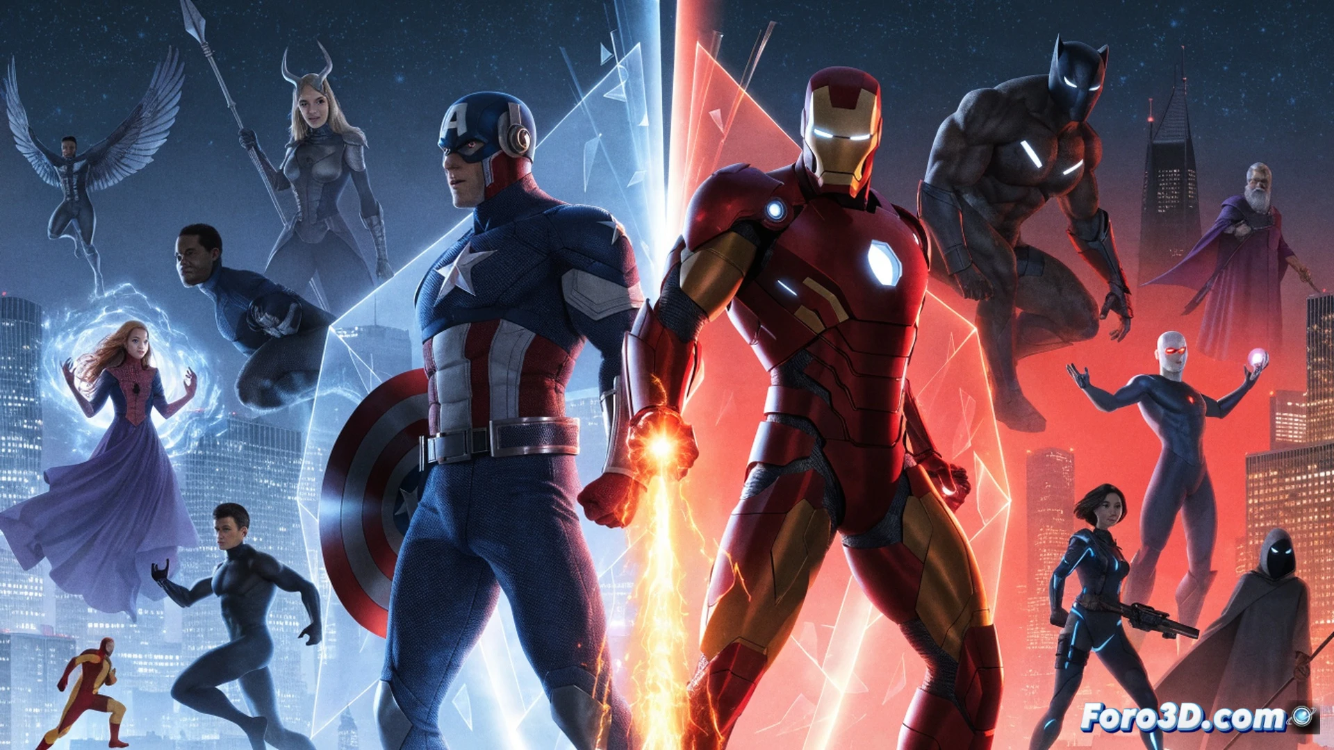 Marvel heroes split into two factions in a futuristic city square, Iron Man pointing repulsor beam at Captain America raising vibranium shield, both surrounded by holographic surveillance drones and data streams, Spider-Man clinging to a lamppost torn between sides, Black Widow holding a tablet showing privacy vs security debate, cinematic photorealistic style, dramatic sunset lighting, shattered glass and sparks flying, armored suits with glowing arc reactor, shield reflecting blue energy, ultra-detailed textures, high contrast shadows, action-packed frozen moment