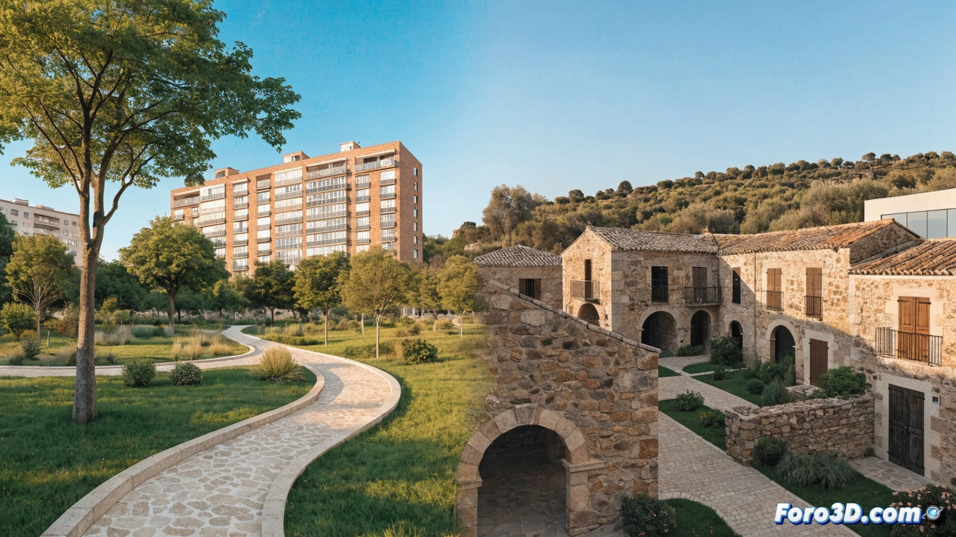 urban regeneration scene in Marxalenes district, workers installing irrigation systems for new 5000 m2 green zones, children playing on fresh grass near restored historic alquería buildings, construction crew repairing roof of elderly center with scaffolding and safety nets, school extension walls rising with concrete mixers and steel beams, photorealistic architectural visualization, golden afternoon sunlight casting long shadows, green foliage contrasting with terracotta roof tiles, cranes lifting palm trees into prepared holes, elderly residents watching from benches, ultra-detailed textures of brick and mortar, cinematic wide-angle composition
