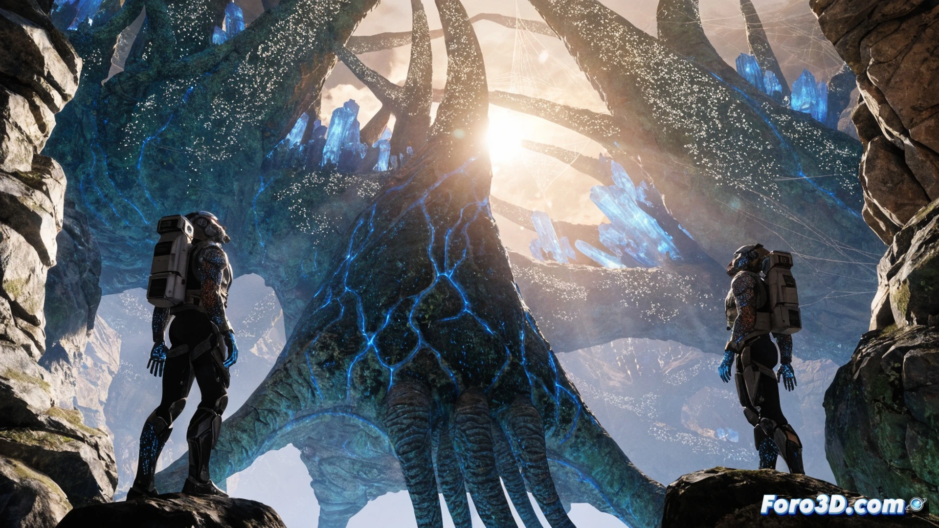 BioWare developer workstation showing Unreal Engine 5 interface, a massive alien planet with bioluminescent flora being rendered in real-time, Lumen global illumination casting dynamic shadows across scaled creature skin textures, a character in a detailed spacesuit with glowing visor standing on a rocky alien surface, cinematic technical visualization, photorealistic lighting, metallic suit reflections, engineering monitor displaying particle effects and lighting calculations, dramatic sci-fi atmosphere, ultra-detailed alien environment
