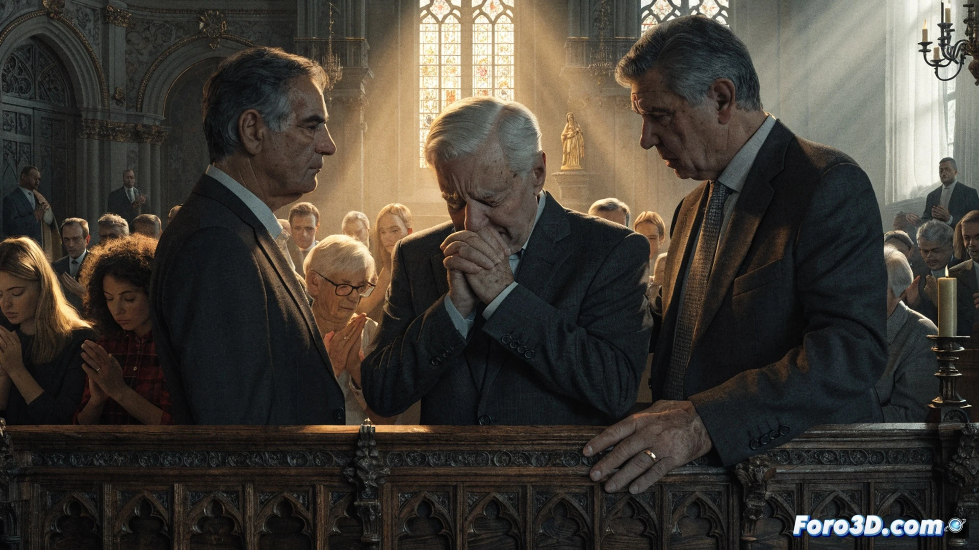 Cinematic photorealistic scene of a middle-aged man in a dark suit standing at a wooden podium inside a historic stone church, his hand resting on a microphone, face showing visible emotion with a trembling lower lip, congregation in blurred pews behind him, soft golden light streaming through stained glass windows, a single tear visible on his cheek, hands of nearby citizens reaching forward in a gesture of support, warm amber and deep shadow contrast, shallow depth of field, ultra-detailed fabric textures, polished wooden pews, marble altar in background, emotional documentary photography style, 8K resolution, dramatic chiaroscuro lighting