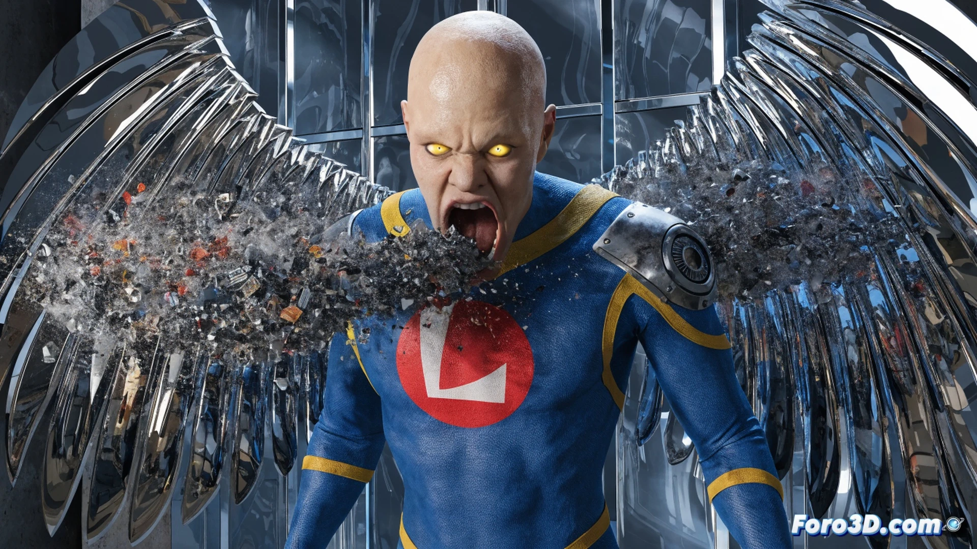 Legion of Super-Heroes member Tenzil Kem in mid-action, biting into a massive steel girder with metallic sparks flying, teeth crunching through reinforced alloy, glowing green kryptonite shard nearby being consumed, comic book style with bold ink lines and vibrant retro colors, dynamic pose showing matter-eating process, debris particles scattering around his mouth, dramatic lighting highlighting his silver costume, cinematic action scene, detailed textures on metal fragments and concrete floor, 1960s comic aesthetic with modern rendering, photorealistic texture on torn metal surfaces
