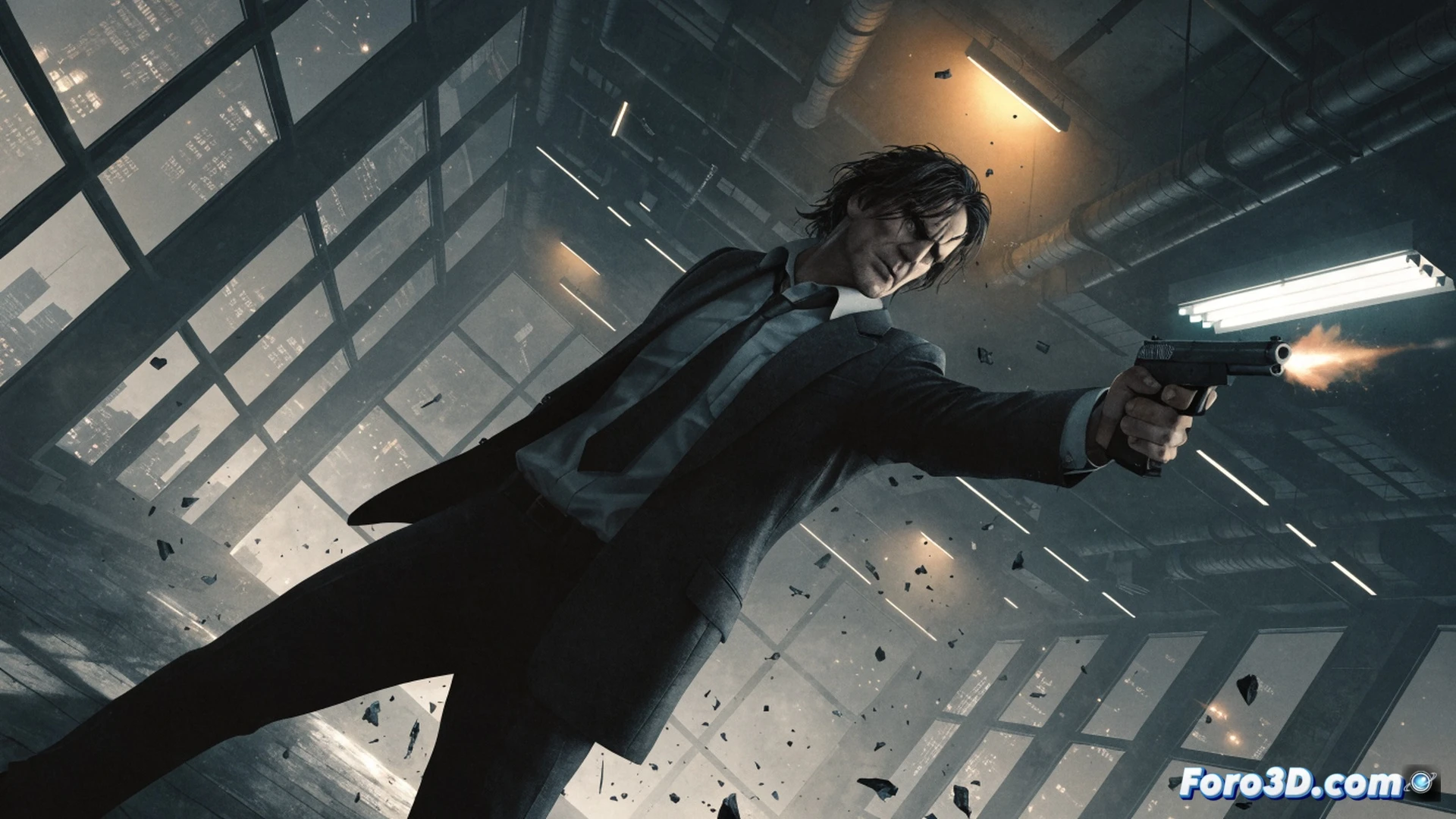 Videogame noir remake scene, detective Max Payne in trenchcoat diving sideways through shattered glass window of rain-soaked office, dual pistols firing muzzle flashes, bullet-time effect showing slow-motion shell casings suspended midair, Northlight Engine real-time rendering interface overlay showing polygon wireframes and particle physics simulations, 4K photorealistic textures on his weathered face and wet coat, cinematic dramatic lighting with neon blue and deep shadows, volumetric fog from gun smoke, debris fragments frozen in motion, technical illustration style with subtle HUD elements demonstrating engine capabilities, ultra-detailed architectural destruction, high-contrast noir atmosphere
