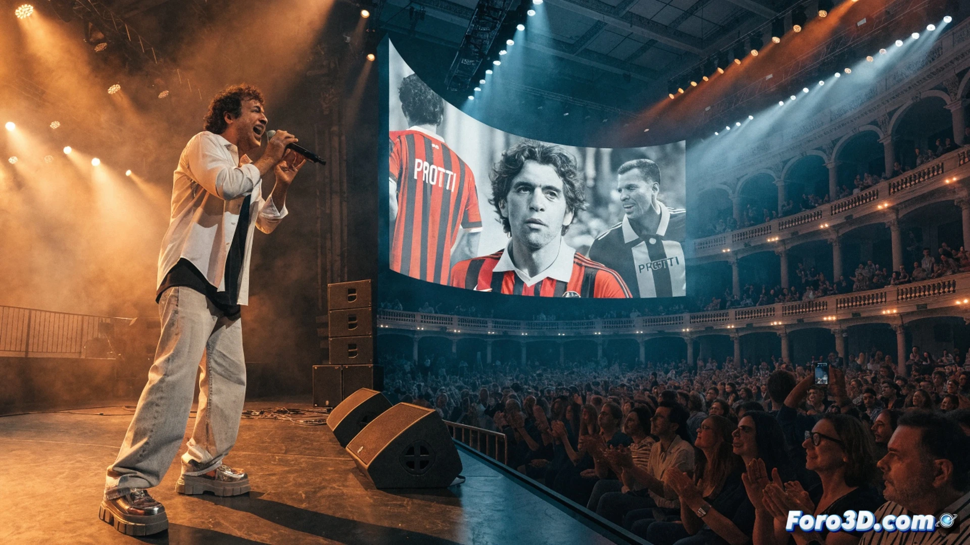 Estadio San Nicola lleno durante un concierto nocturno, Max Pezzali en el escenario cantando mientras señala pantallas gigantes que proyectan la silueta en movimiento de un futbolista corriendo, camisetas de fútbol sostenidas en alto por el cantante sobre un micrófono, multitud emocionada aplaudiendo con brazos levantados, haces de luz blanca y azul cruzando el aire, estilo cinematográfico fotorrealista, iluminación dramática de concierto, textura de césped sintético y estructura metálica del estadio visible, alta definición técnica, profundidad de campo con público desenfocado al fondo.