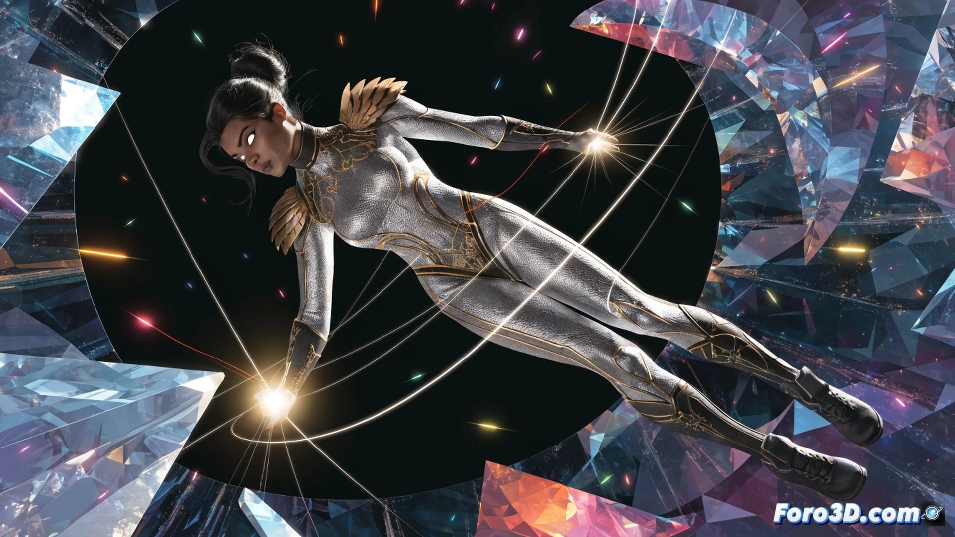 Maya superheroína en acción, manos irradiando haces de luz dorada y energía azul mientras desvía un ataque de un robot metálico con engranajes expuestos, fondo de laboratorio de cómics de los 90 con monitores CRT y cables, estilo cinematográfico de ilustración técnica, iluminación dramática de neón, destellos de partículas lumínicas, textura de papel de historieta, movimiento congelado, sombras marcadas, render fotorrealista
