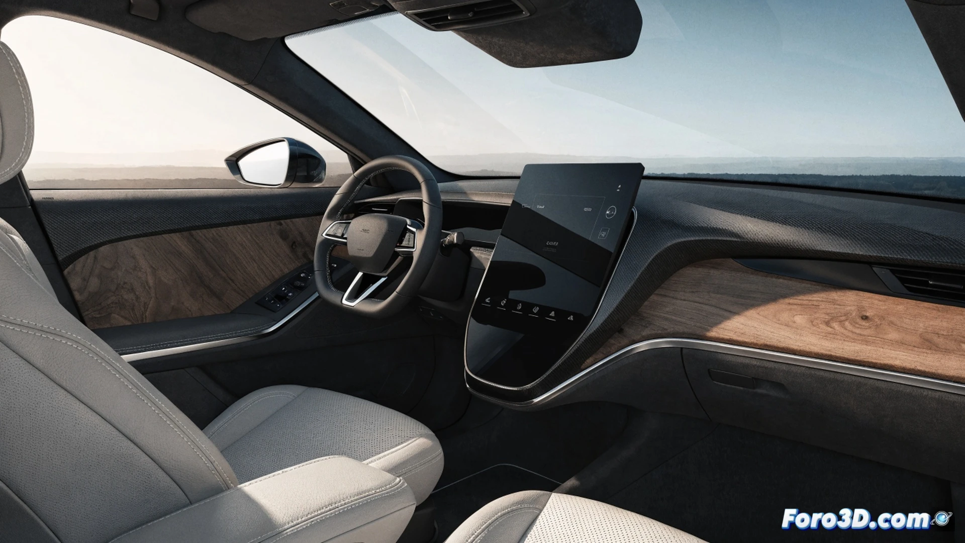 modern SUV dashboard interior, driver hand reaching toward large 15.6 inch touchscreen display, finger pressing climate control icon deep in nested menu, small button icons barely visible, steering wheel in foreground with empty space where rotary controller once existed, frustrated driver expression reflected in screen, complex menu hierarchy shown as translucent overlays, engineering visualization style, clean minimalist cabin design, soft ambient lighting, photorealistic technical render, dramatic shadows highlighting touch interface complexity