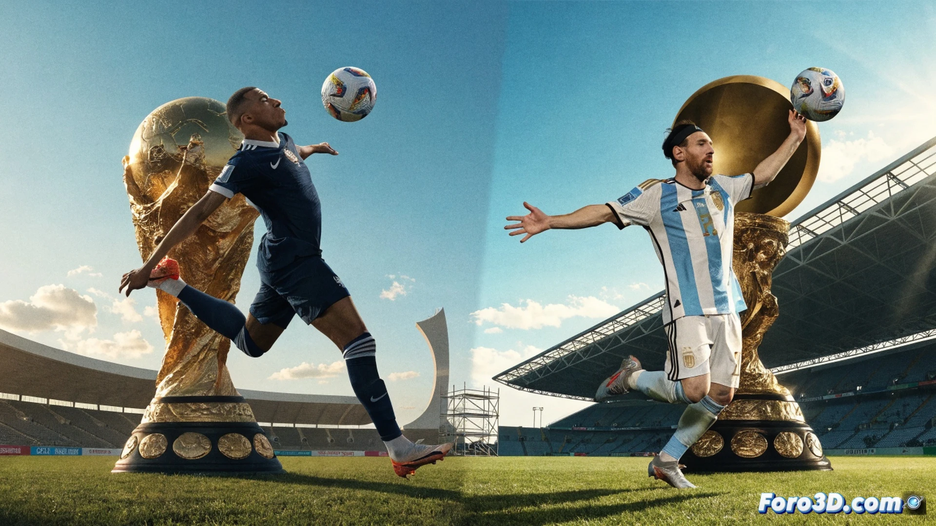photorealistic wide-angle shot of Kylian Mbappe in France blue jersey sprinting toward goal during a World Cup 2026 match, ball at his feet, stadium floodlights casting dramatic shadows, sweat glistening on his face, eyes focused on the far post, defenders lunging behind him, motion blur on his legs, golden trophy silhouette faintly glowing in the sky above the goal net, cinematic sports photography, high contrast lighting, deep green grass texture, ultra-detailed fabric folds, realistic crowd blur in background, technical athletic motion study