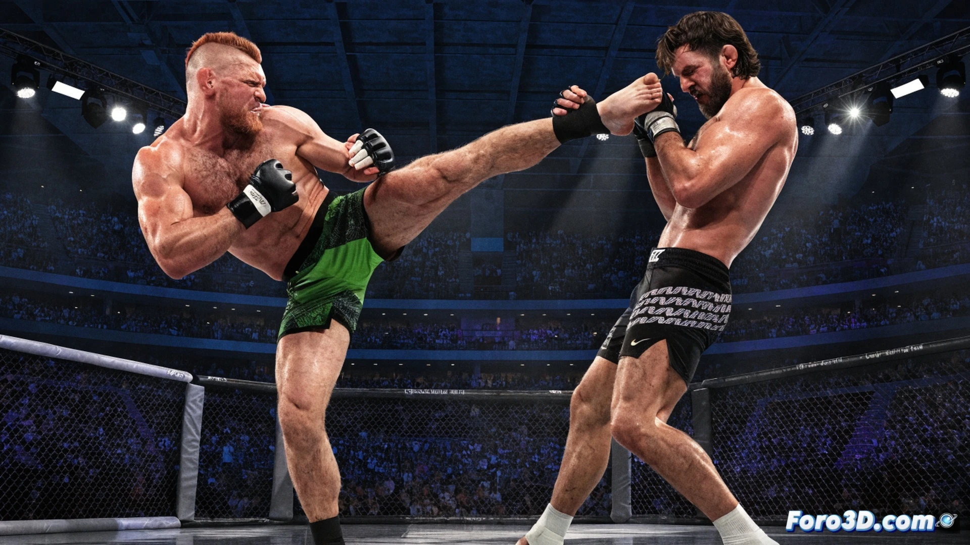 Mixed martial arts cage octagon center, two fighters in combat stance, Conor McGregor throwing a left-handed punch toward Justin Gaethje, Gaethje blocking with forearm guard, sweat droplets flying from impact, octagon mesh fence visible in background, cage floor mat with UFC logo, corner stools and water bottles blurred in background, dramatic spotlight from above, cinematic photorealistic style, high contrast lighting, fighter muscle definition visible, motion blur on striking arm, technical MMA fight visualization, intense action frozen mid-strike