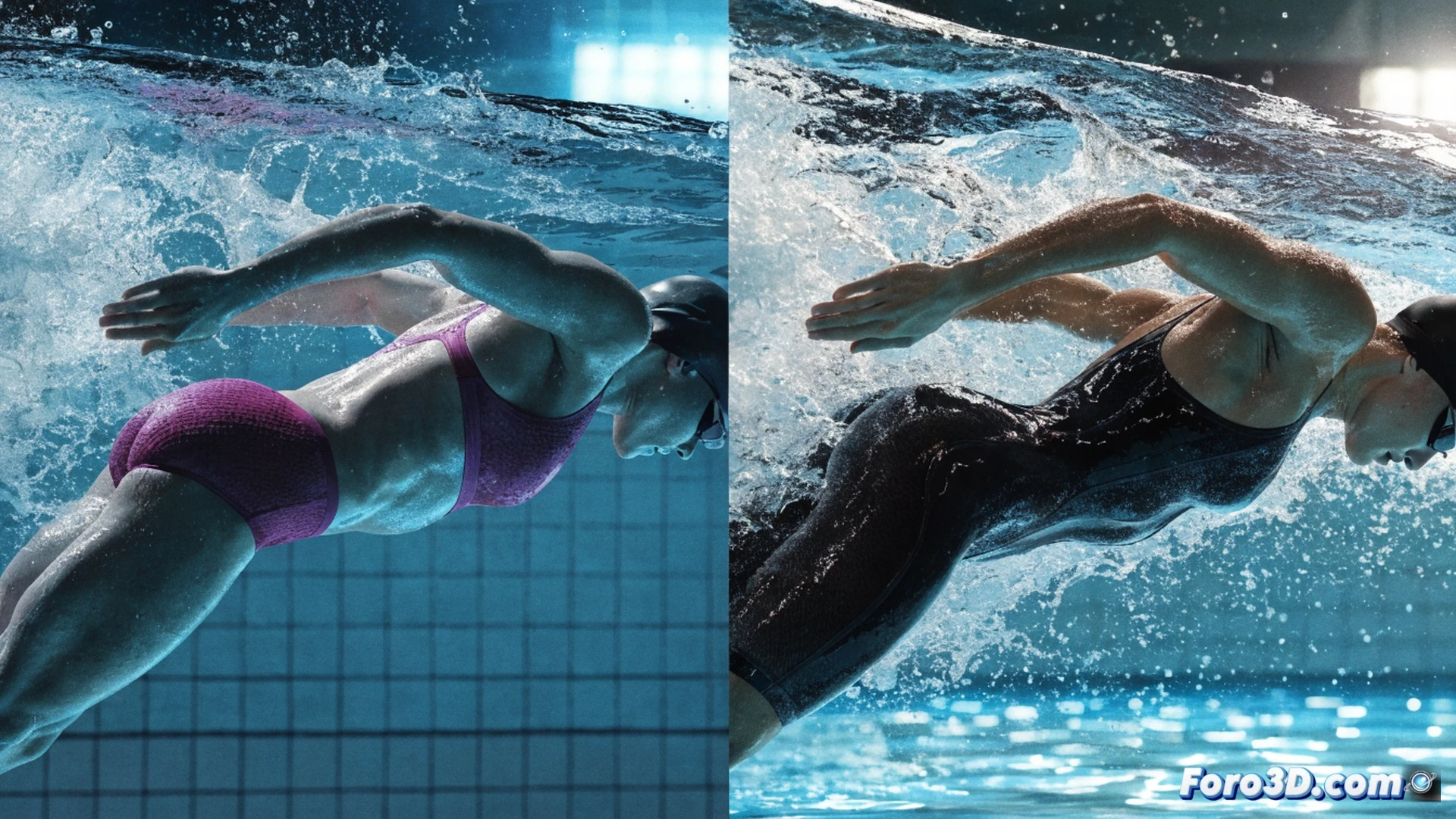 photorealistic technical illustration of a competitive swimmer in a modern racing suit mid-stroke during 200m butterfly, water splashing violently around arms and torso, digital track lines showing world record progression from 2009 to present being erased by a glowing current swimmer silhouette, pool lane markers and timing system components visible, underwater camera angle capturing powerful muscle definition and wake turbulence, dramatic stadium lighting reflecting off water surface, motion blur on hands entering water, glowing data visualization lines around swimmer showing speed and efficiency metrics, cinematic sports engineering visualization, ultra-detailed water droplets and fabric texture, dynamic action freezing the moment of a new record being set