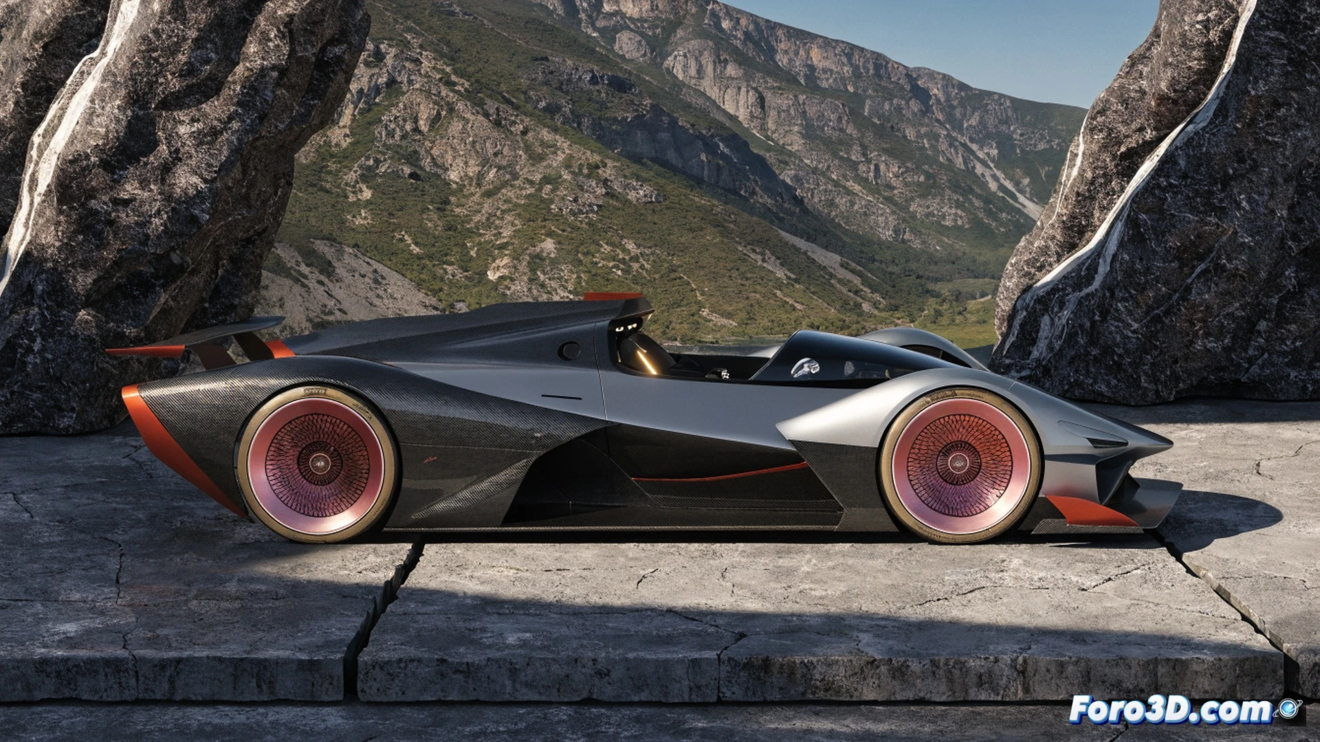 McMurtry Spéirling Pure hypercar accelerating through a misty British countryside curve, single-seat cockpit with driver helmeted, rear fan system actively pulling air under carbon fiber body, illuminated battery pack glowing through translucent chassis panel, aerodynamic wake visible as swirling vapor trails, cinematic engineering visualization, dramatic low-angle shot, motion blur on wheels, glowing brake discs, ultra-detailed suspension components, photorealistic technical render, moody overcast sky, silver metallic paint reflecting amber warning lights
