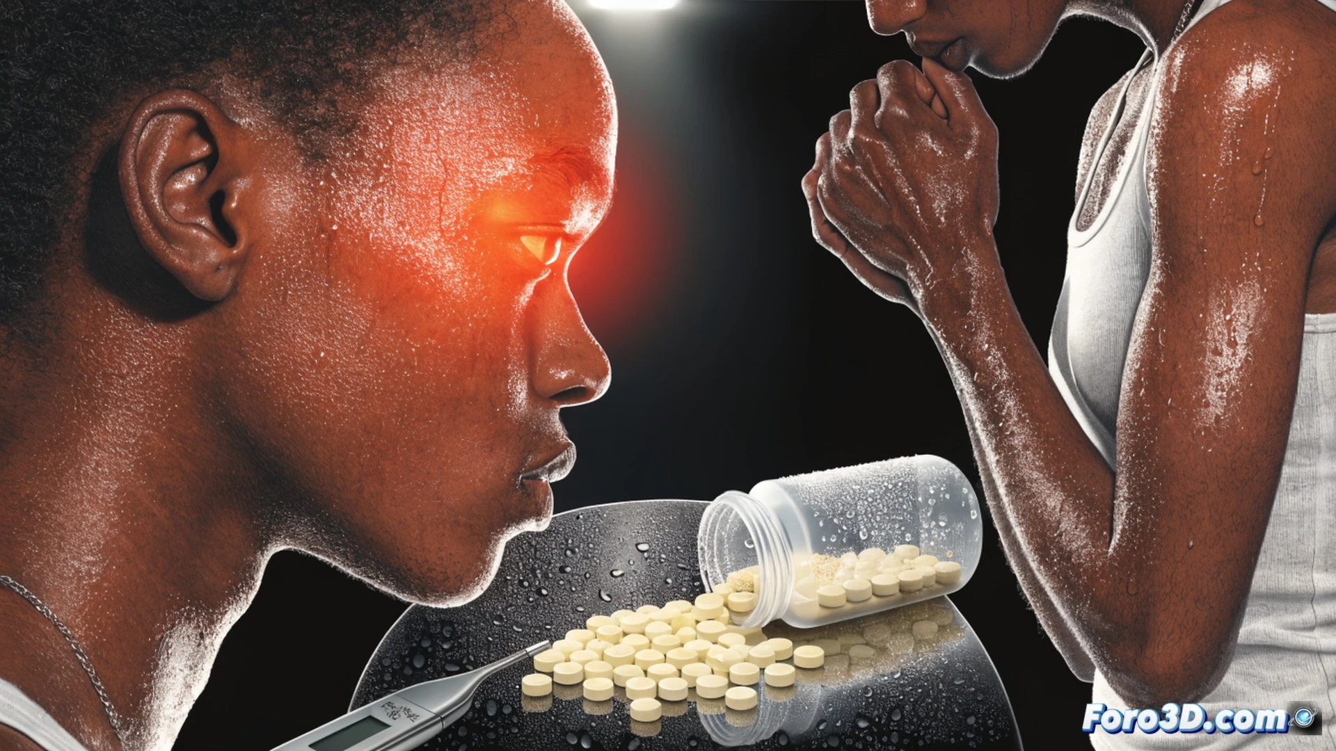 photorealistic medical illustration showing a glass of water with ice cubes next to a blister pack of diuretic pills and a blood pressure monitor on a sunlit wooden table, a human hand reaching for the glass while a thermometer outside the window shows high temperature, sweat droplets on the skin surface, blurred background of a sunny urban landscape, dramatic lighting with warm orange tones, cinematic depth of field, hyper-detailed texture on pills and water condensation, technical medical visualization style