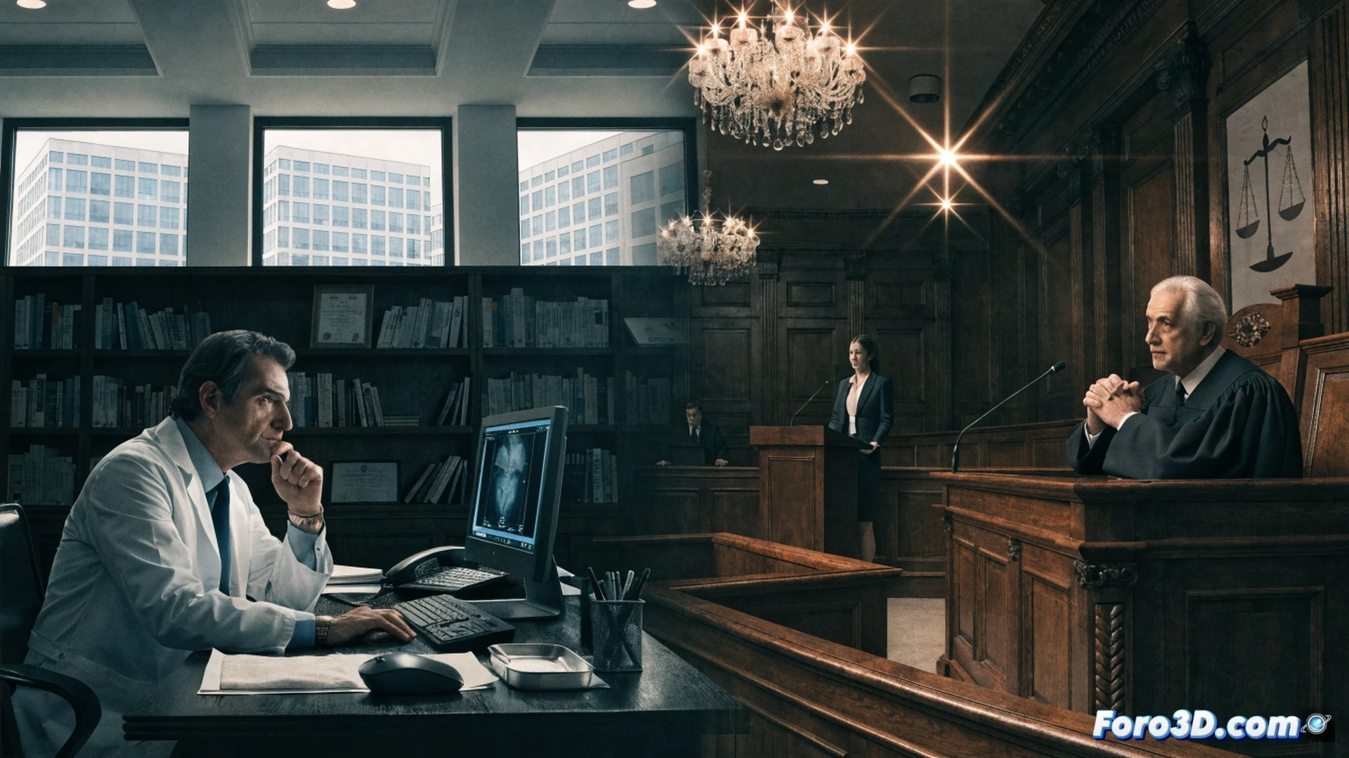 Medical office scene in Zaragoza public hospital, elderly doctor in white coat leaning over desk computer screen, hands on keyboard while manipulating time records software, clock on wall showing different times, open ledger with forged signatures, stack of official documents with false overtime entries, digital calendar highlighting years 2018 to 2022, forensic accounting evidence scattered, dramatic shadows from venetian blinds, photorealistic cinematic style, forensic investigation atmosphere, muted blue-gray tones, sharp focus on computer monitor showing fake schedule entries