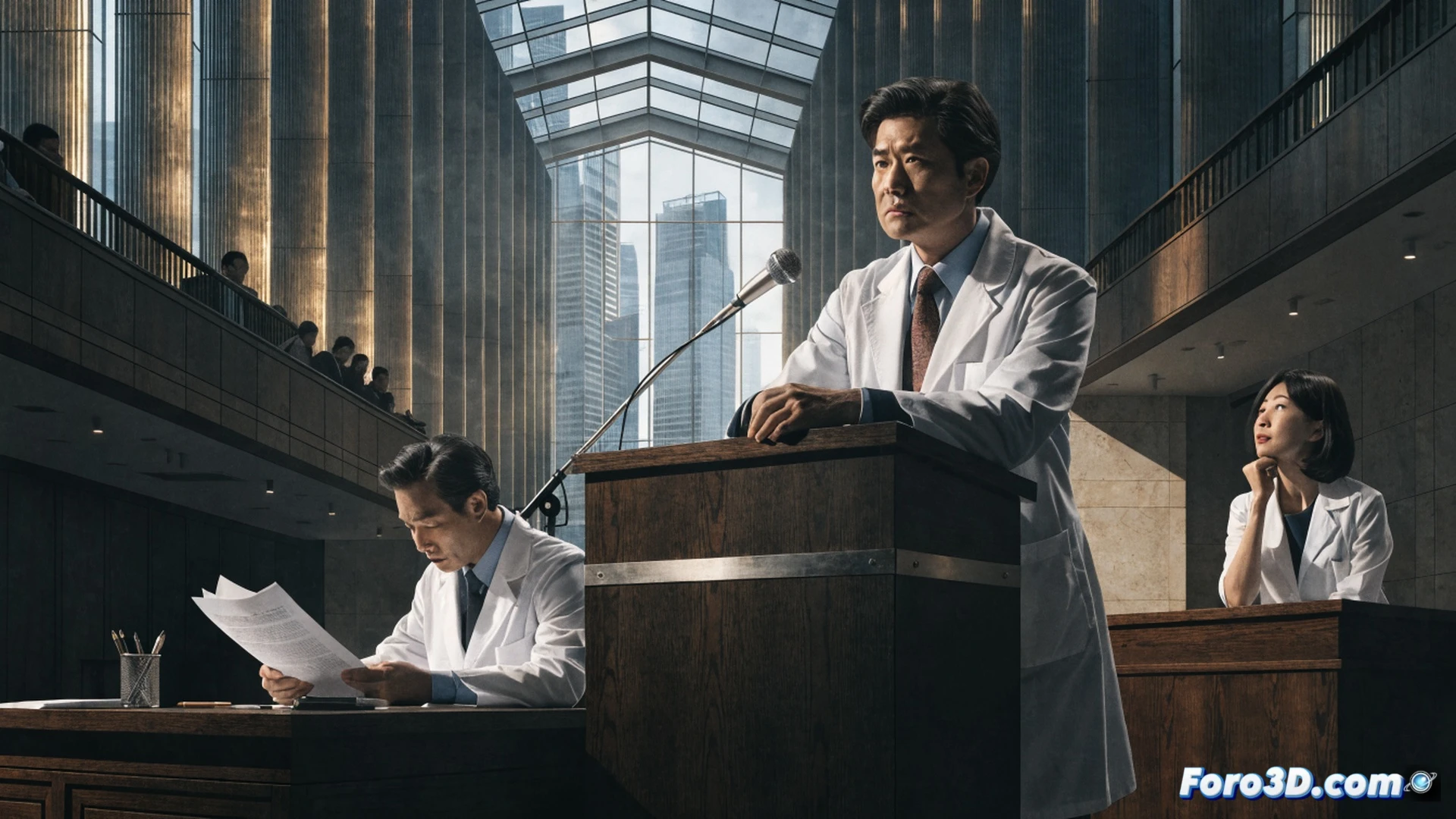 Professional medical office interior, three doctors in white coats gathered around a laptop showing corporate financial dashboard, one hand pointing at low salary figures while another gestures to dividend payout graphs, tax documents and legal papers scattered on glass table, courtroom gavel visible in blurred background through window, forensic accounting software interface on tablet nearby, dramatic overhead lighting casting shadows, serious expressions, photorealistic technical illustration, high contrast corporate aesthetic, clean minimalist furniture, modern glass and steel architecture, subtle tension in body language, ultra-detailed facial features, cinematic composition