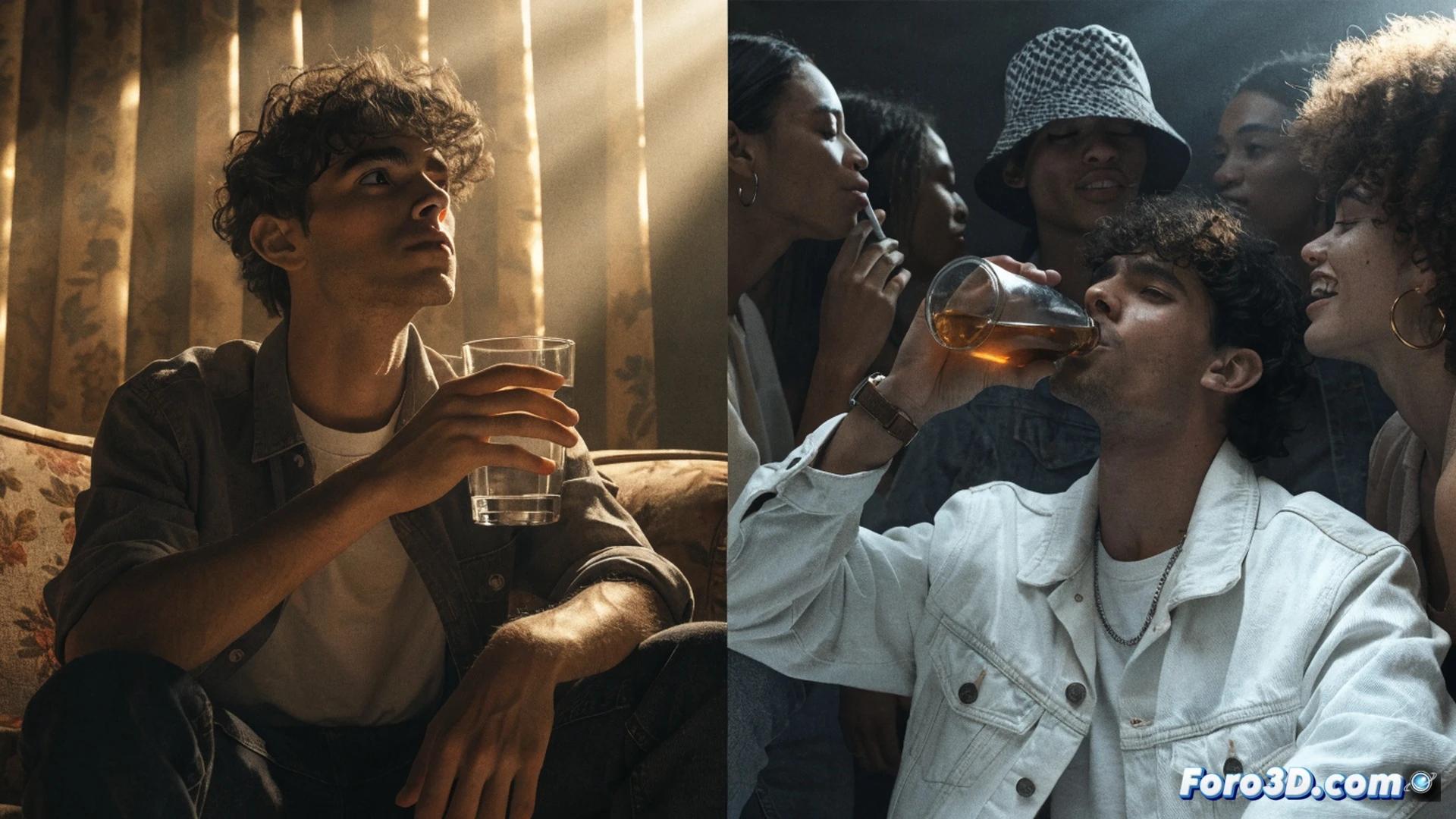 young adults at a crowded nightclub, one person holding a glass of water while others drink beer, visible social pressure through pointed fingers and whispering, empty wallets on the table, a clock showing 3am with a person yawning, another person with a sad expression looking at phone, photorealistic cinematic scene, warm club lighting contrasting with isolated individual, shallow depth of field focusing on the sober person, realistic skin textures and fabric details, high-end commercial photography style, dynamic composition showing exclusion