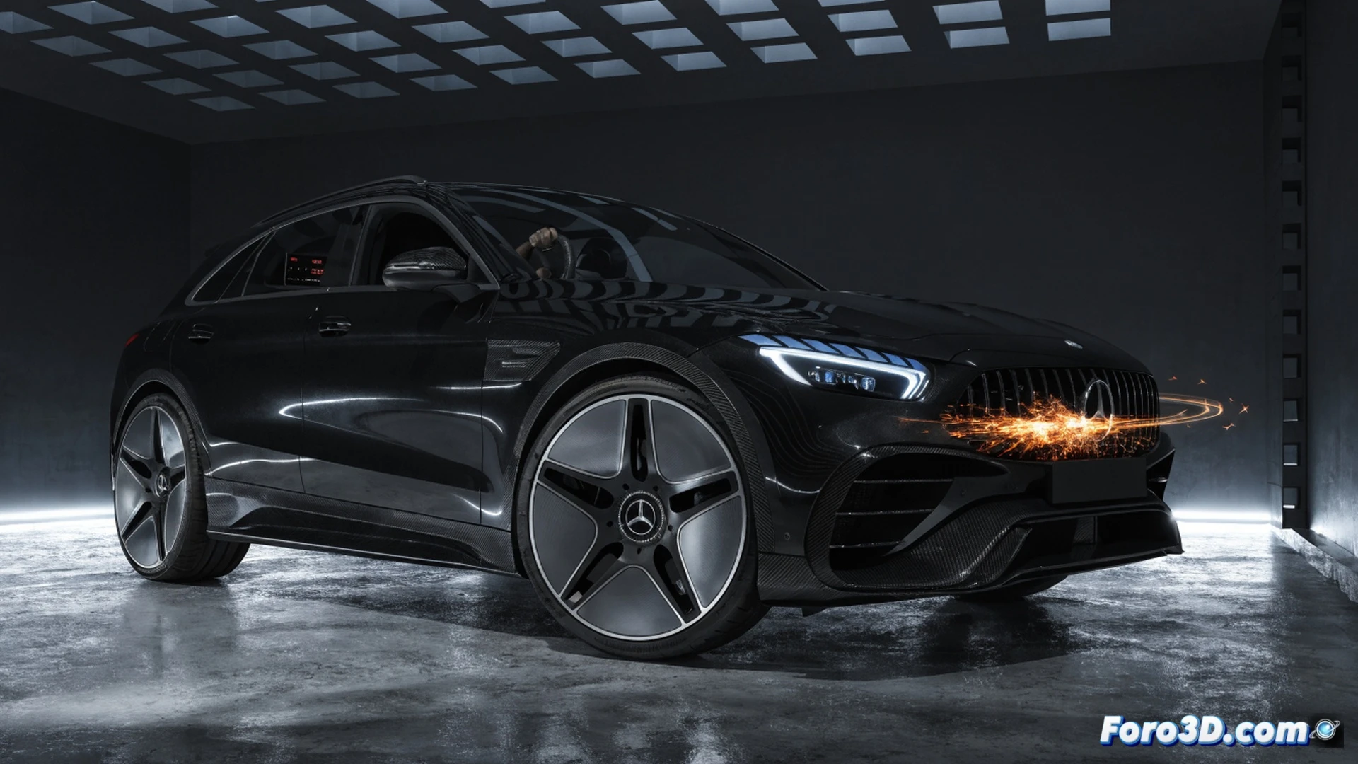 Mercedes-AMG electric SUV accelerating aggressively on a test track, front wheels spinning with simulated gear shift effect, glowing digital gear indicator flashing through fake shifts, holographic V8 sound wave patterns emitting from exhaust area, aerodynamic body panels with carbon fiber texture, brake discs glowing orange during high-speed cornering, engineering visualization style, photorealistic render, dramatic motion blur, sparks from tire contact patch, blue electric arcs visible along battery pack underbody, dark studio lighting with neon AMG accents, ultra-detailed suspension components in action