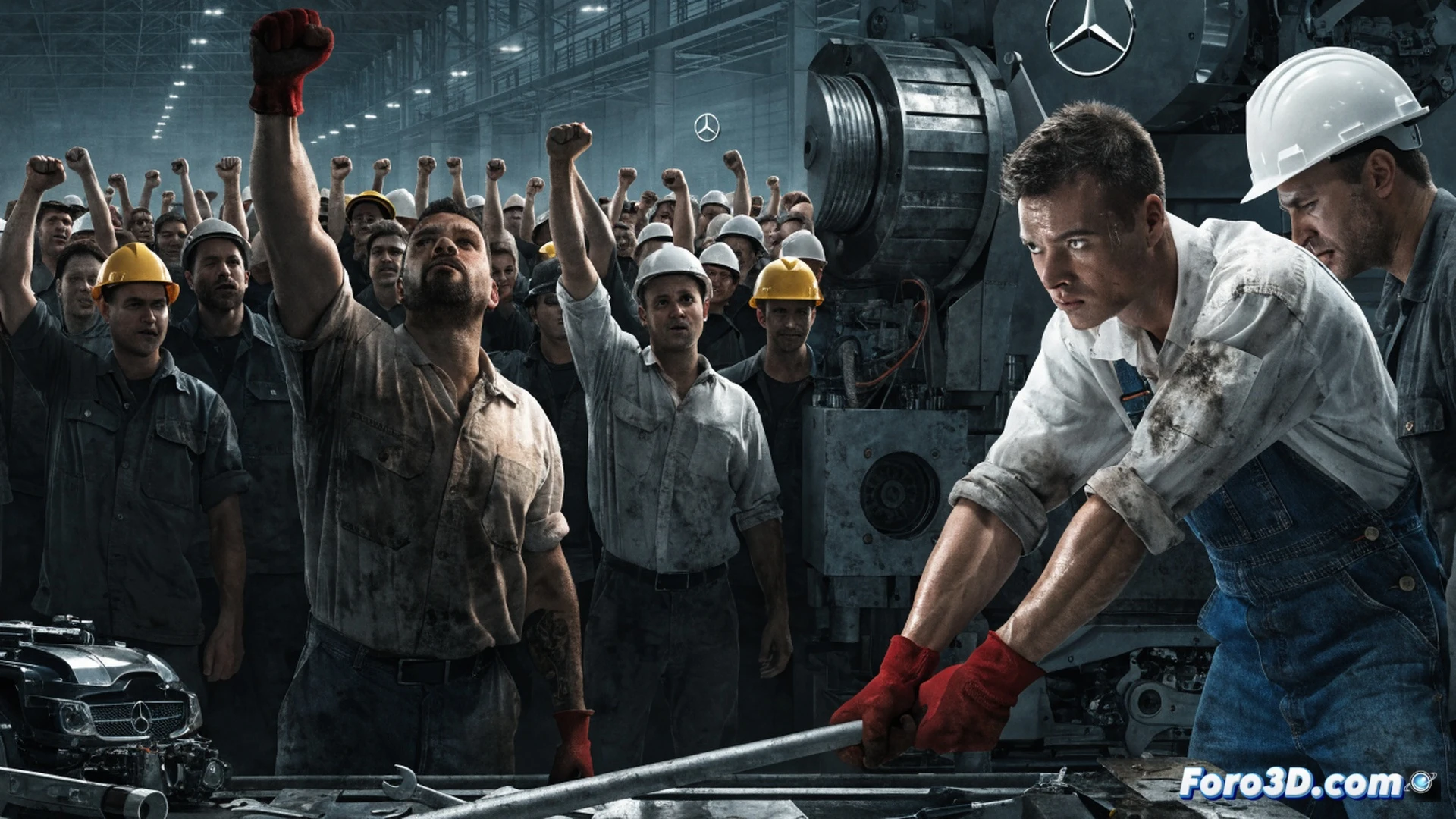 Mercedes-Benz assembly line workers holding red union flags and placards, standing near partially assembled car bodies and robotic arms, factory floor with metallic components and tool carts, dramatic tension between automated machinery and human protest, cinematic photorealistic style, industrial harsh lighting with shadows, workers in blue uniforms forming a human barrier, welding sparks in background, motion blur from a forklift stopping, ultra-detailed mechanical environment, IG Metall symbols visible on banners, high-contrast industrial atmosphere