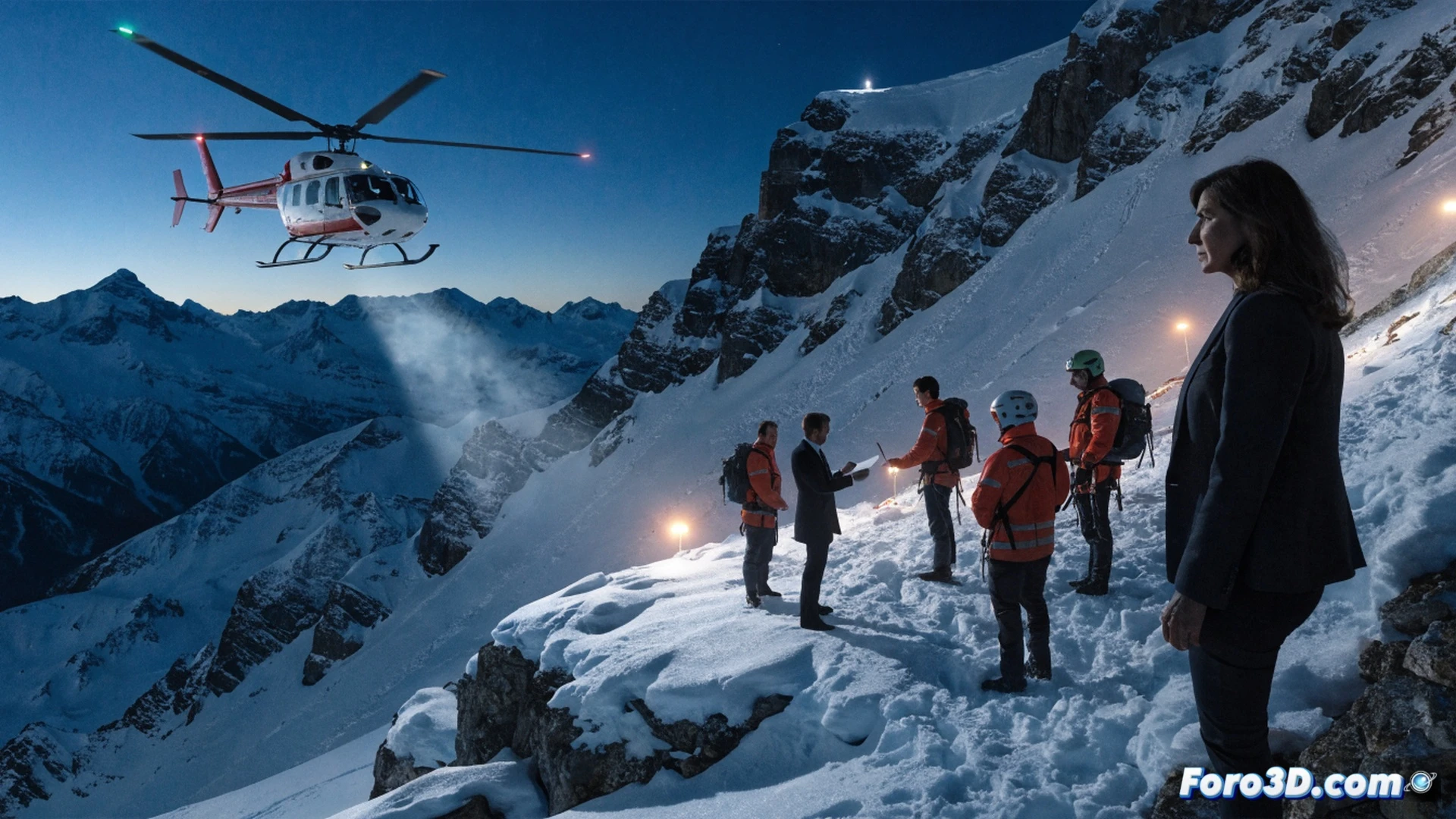 Guardia Civil en uniforme de montaña entregando un diploma enrollado a un agente con equipo técnico de rescate alpino, fondo de pico nevado y estación de esquí Candanchú, otros seis especialistas formados en fila con cascos y arneses, mochilas de rescate con cuerdas y mosquetones visibles, helicóptero de rescate en hangar cercano, mapa topográfico digital en una tableta mostrando rutas de rescate, estilo cinematográfico fotorrealista, iluminación natural invernal, nieve en el suelo, cielo despejado, composición épica y técnica