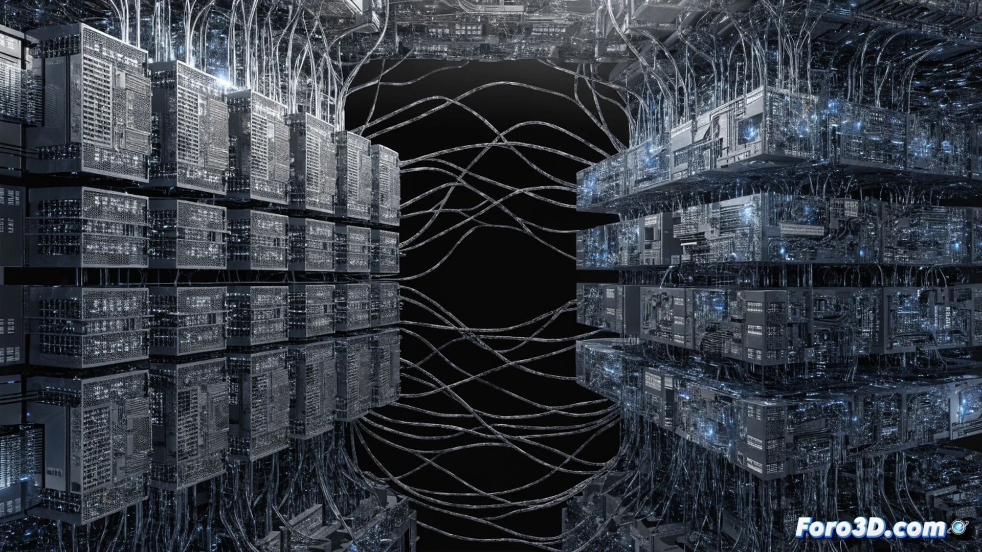photorealistic technical illustration of a massive data center interior, rows of glowing server racks with Meta Compute branding on cooling pipes, an engineer in white coat adjusting a quantum-style processor module while holographic AI model training graphs float above, blue and orange fiber optic cables pulsing with light during data transfer, robotic arms moving between racks demonstrating automated maintenance, dramatic industrial lighting with cool blue tones and warm accent lights, ultra-detailed metallic surfaces, cooling steam rising from liquid immersion tanks, hyperrealistic engineering visualization, cinematic depth of field, complex network of cables and heat sinks creating a sense of immense computational power