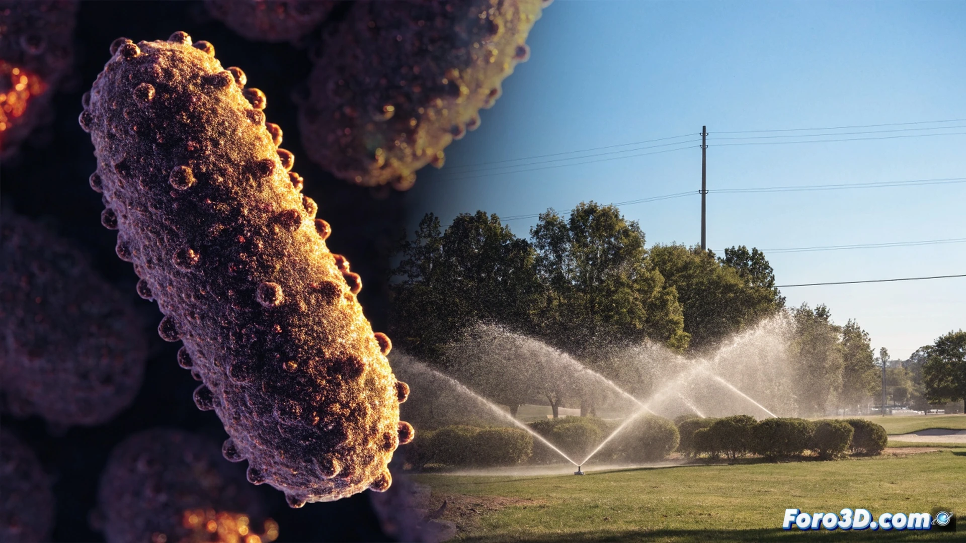 Photorealistic engineering visualization showing a municipal irrigation system contaminated by metallic-resistant bacteria, workers in hazmat suits inspecting a large water treatment pipe with biofouling buildup, a technical diagram of recycled water flow with a red contamination path highlighted, a golf course sprinkler head clogged with greenish sludge, while a Meta data center cooling tower is visible in the background, dramatic industrial lighting, detailed microbial clusters magnified on pipe surfaces, ultra-realistic water droplet texture, cinematic depth of field, technical illustration style