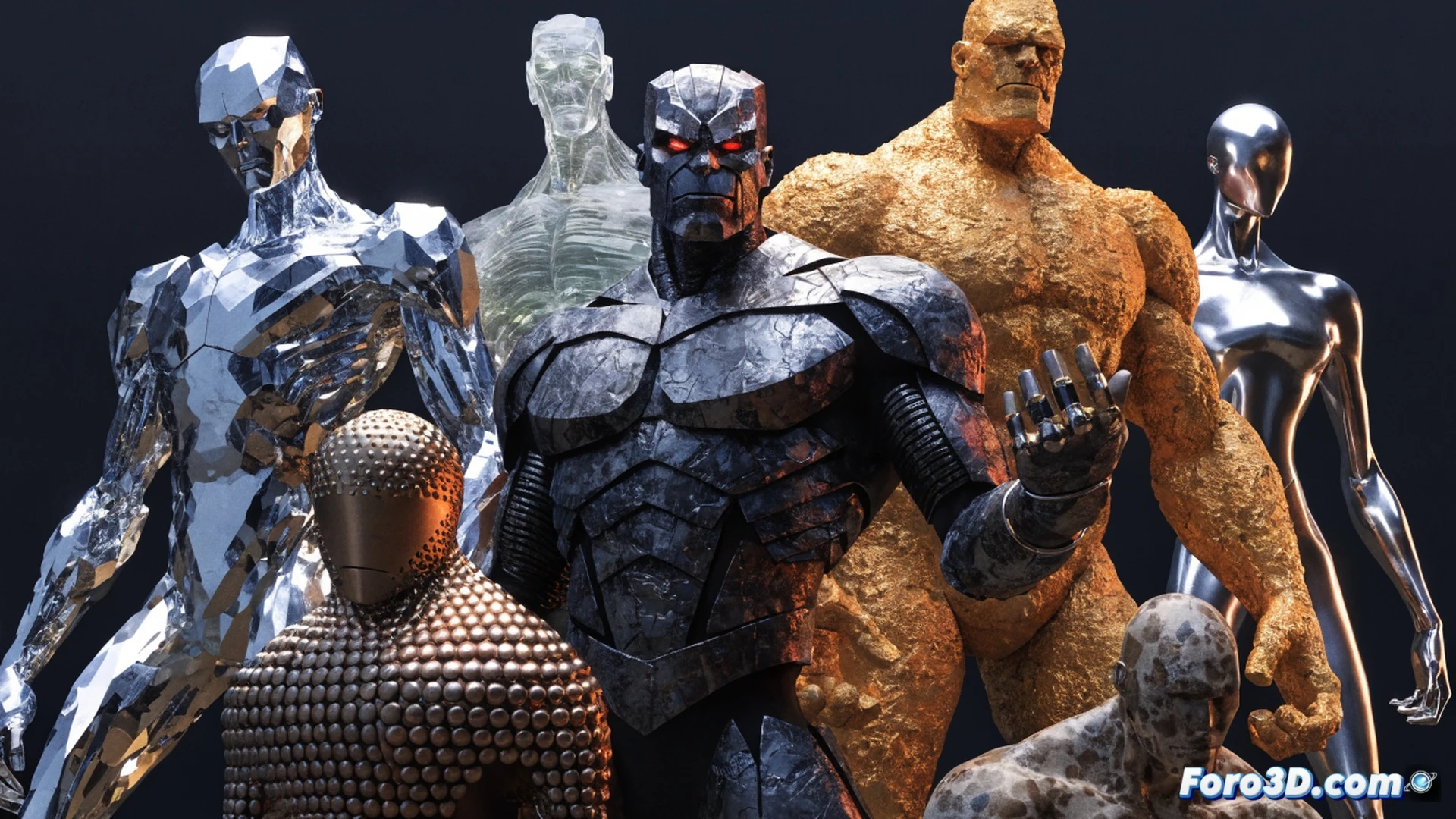 cinematic scene of six distinct metallic robots in a dim laboratory, platinum robot with silver hair reaching toward a cracked glass display case, gold robot frozen mid-step with arm raised, iron robot holding a rusted wrench while sparks fly from its shoulder joint, lead robot slumped against a wall with flickering chest light, mercury robot partially melted into a puddle on the floor, tin robot with dented head looking at a broken control panel, doctor will magnus absent, dust particles floating in shaft of pale light, photorealistic technical illustration, dramatic shadows, corroded metal textures, abandoned engineering workspace, ultra-detailed mechanical joints and wires, moody industrial lighting