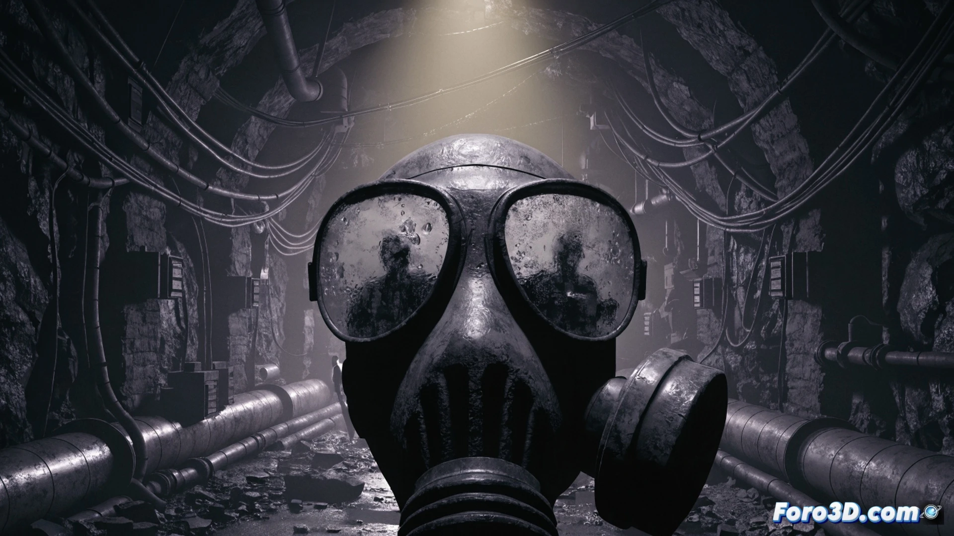 VR tunnel interior with volumetric fog, player holding rusted metal flashlight casting dynamic shadows on wet concrete walls, gas mask visor showing condensation and lens distortion effects, 3D wireframe overlay of subway architecture in background, Substance Painter texture layers visible on cracked stone surfaces, 4A Engine debugging interface floating as holographic data panels, cinematic technical illustration style, photorealistic materials with subsurface scattering on skin, dark ambient lighting with orange emergency glow, 4K engineering visualization