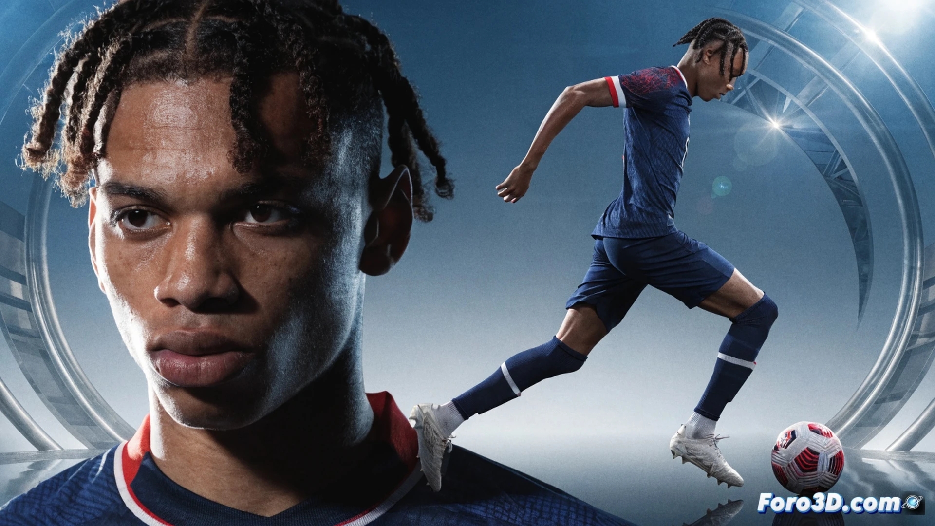 young footballer Michael Olise mid-dribble on a rain-soaked pitch, ball glued to left foot while body feints past a defender, stadium floodlights casting long shadows, dynamic action pose with jersey number 7 visible, tactical diagram overlay showing passing lanes and movement vectors, cinematic photorealistic sports illustration, motion blur on grass and rain streaks, intense focus on player expression and ball control, dramatic low-angle shot, technical visualization of footwork biomechanics, glowing trajectory lines from boot to goal