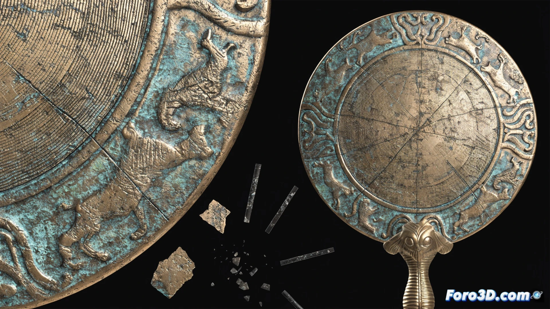 bronze etruscan mirror reverse side undergoing micro-abrasive blasting, automated robotic nozzle spraying fine particles onto the surface, artificial wear pattern being created while a 3D scanner monitors the erosion depth, technical forensic illustration, metallic patina flakes flying mid-air, precise erosion lines contrasting with untouched original metal, harsh workshop lighting with dust particles visible, photorealistic engineering visualization