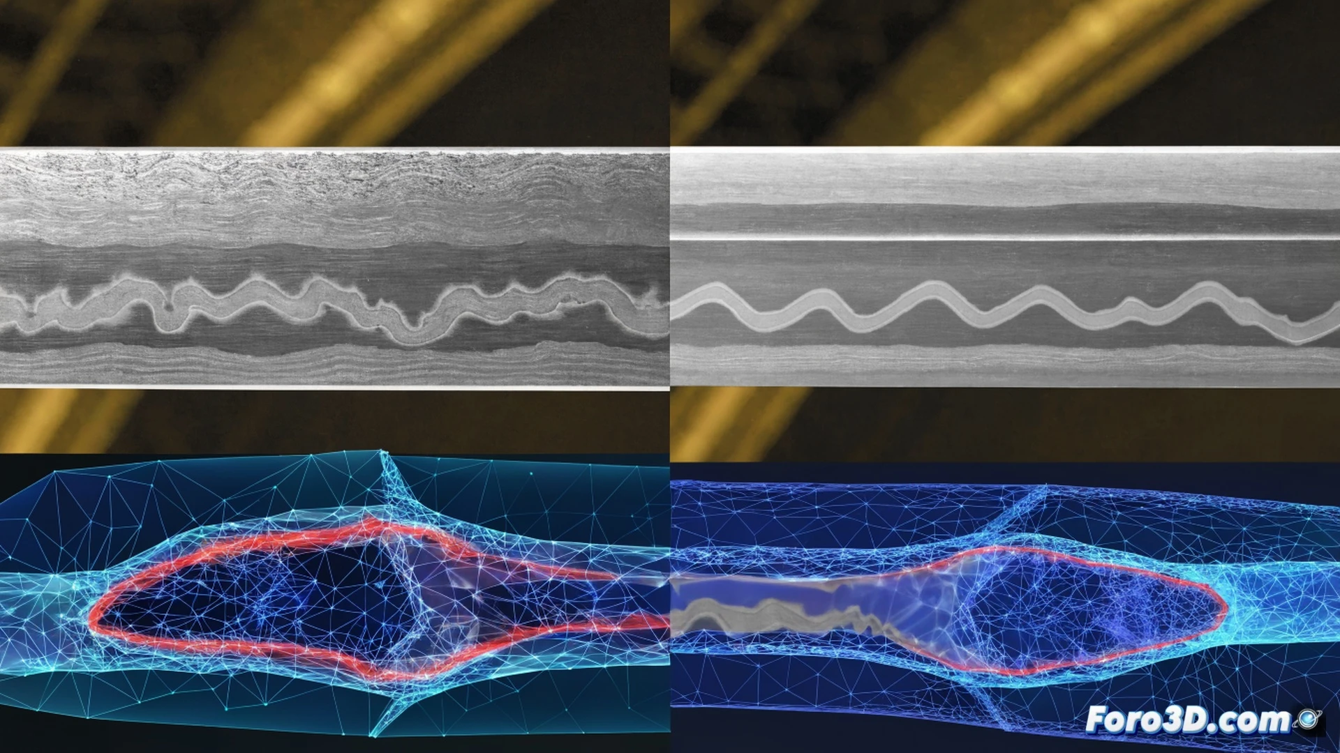 A katana blade section under high-magnification scanning electron microscope, surface showing laser-etched hamon line with artificial crystalline patterns, adjacent tomographic scan data displayed on monitor running VGSTUDIO MAX software interface, 3D mesh wireframe overlay revealing irregular subsurface density variations in MeshLab, glowing red anomaly markers highlighting forged areas, technical engineering visualization style, cold blue industrial lighting, polished steel surface with micro-ablation craters, floating holographic scan data around blade, ultra-sharp metallic reflections, photorealistic scientific render