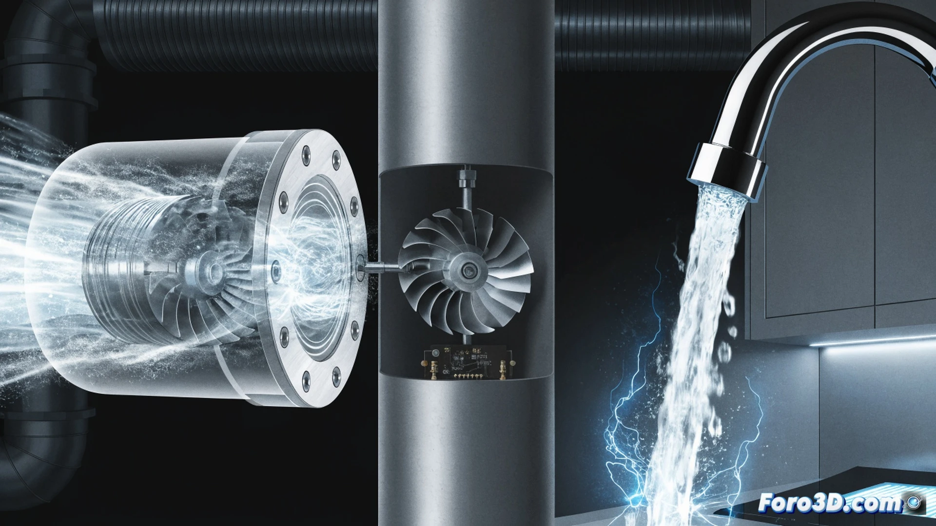 Micro-turbina hidroeléctrica instalada en una tubería doméstica transparente, agua a presión fluyendo mientras la turbina interna gira generando electricidad, cables conectados a una batería y a una luz LED encendida, corte transversal mostrando álabes metálicos y un pequeño generador, fondo de cocina moderna con grifo abierto, gotas de agua salpicando, estilo photorealistic technical illustration, iluminación dramática con reflejos azulados y metálicos, detalles de ingeniería precisos, texturas de acero inoxidable y plástico transparente, renderizado ultra detallado