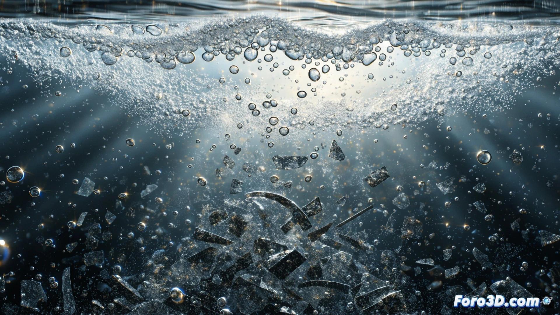 Microburbujas ascendiendo en un tanque de flotación por aire disuelto, microplásticos fragmentados suspendidos en agua turbia, burbujas microscópicas adhiriéndose a partículas plásticas irregulares, proceso de flotación mostrando partículas elevándose hacia la superficie, espuma superficial acumulándose, raspador mecánico metálico retirando la capa superficial, ingeniería ambiental, visualización técnica fotorrealista, iluminación subacuática azul verdosa, contraste entre burbujas brillantes y plásticos oscuros, textura acuosa realista, detalle de burbujas esféricas perfectas, estilo cinematic technical illustration