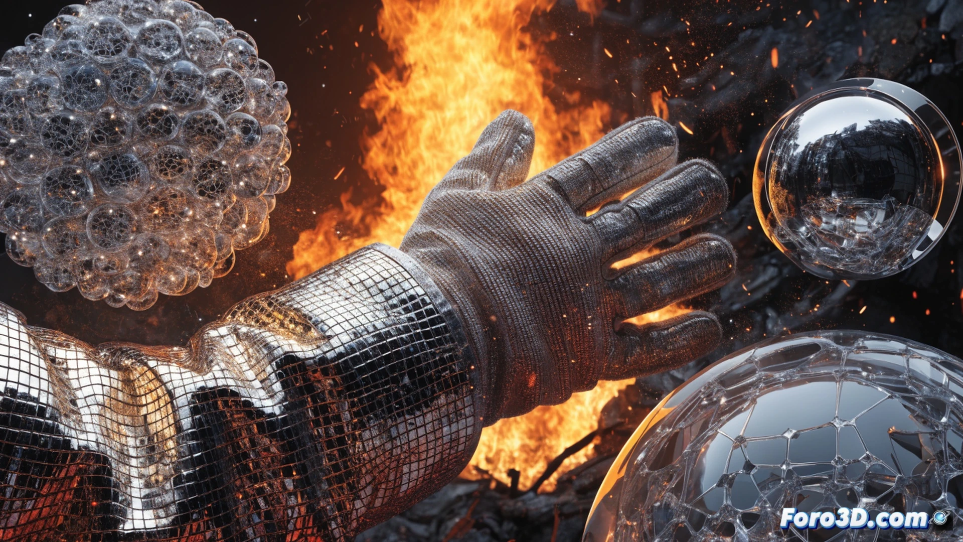 firefighter in full turnout gear approaching a roaring blaze, advanced thermal barrier fabric glowing with embedded ceramic micro-layers reflecting intense heat, cross-section detail of textile showing multiple reflective ceramic strata deflecting infrared radiation, realistic engineering visualization, dramatic orange and blue flame lighting, smoke particles interacting with the suit surface, motion blur on approaching figure, ultra-detailed fiber structure visible in cutaway, photorealistic technical render, industrial fire scene with glowing embers and radiant heat waves distorting the air