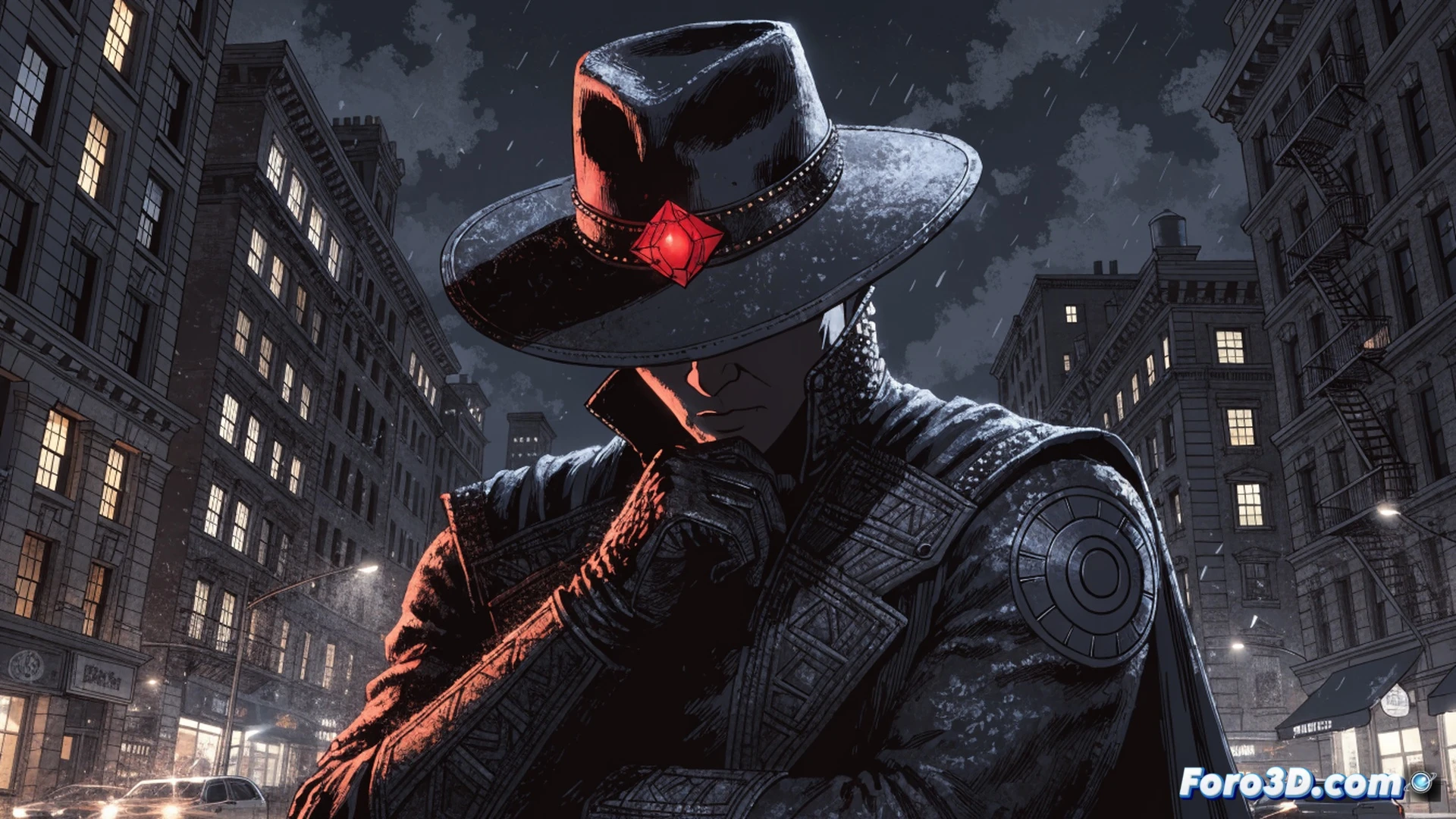 noir city rooftop at midnight, masked vigilante in dark trench coat and fedora crouching on ledge, one hand gripping a vintage radio transmitter, the other holding a small flashlight beam cutting through fog, old printing press machinery visible through a warehouse window below, gears and ink rollers in shadow, cinematic golden age comic style, dramatic chiaroscuro lighting, rain-slicked surfaces, steam rising from street vents, motion blur on distant car headlights, photorealistic technical illustration with grainy film texture