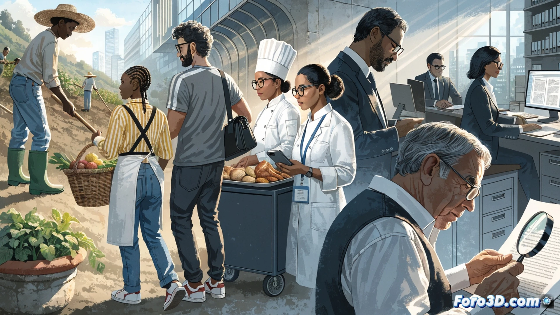 photorealistic technical scene of a Spanish government office processing center, diverse migrant workers holding biometric passports and work contracts, officials scanning documents with handheld barcode readers, digital screens displaying approval status and economic sector icons like agriculture and hospitality, stacked paper forms and folders on desks, warm natural light from windows, subtle Spanish flag colors in background, cinematic documentary style, ultra-detailed textures on documents and hands, soft focus on busy workflow, demonstrating efficient administrative process