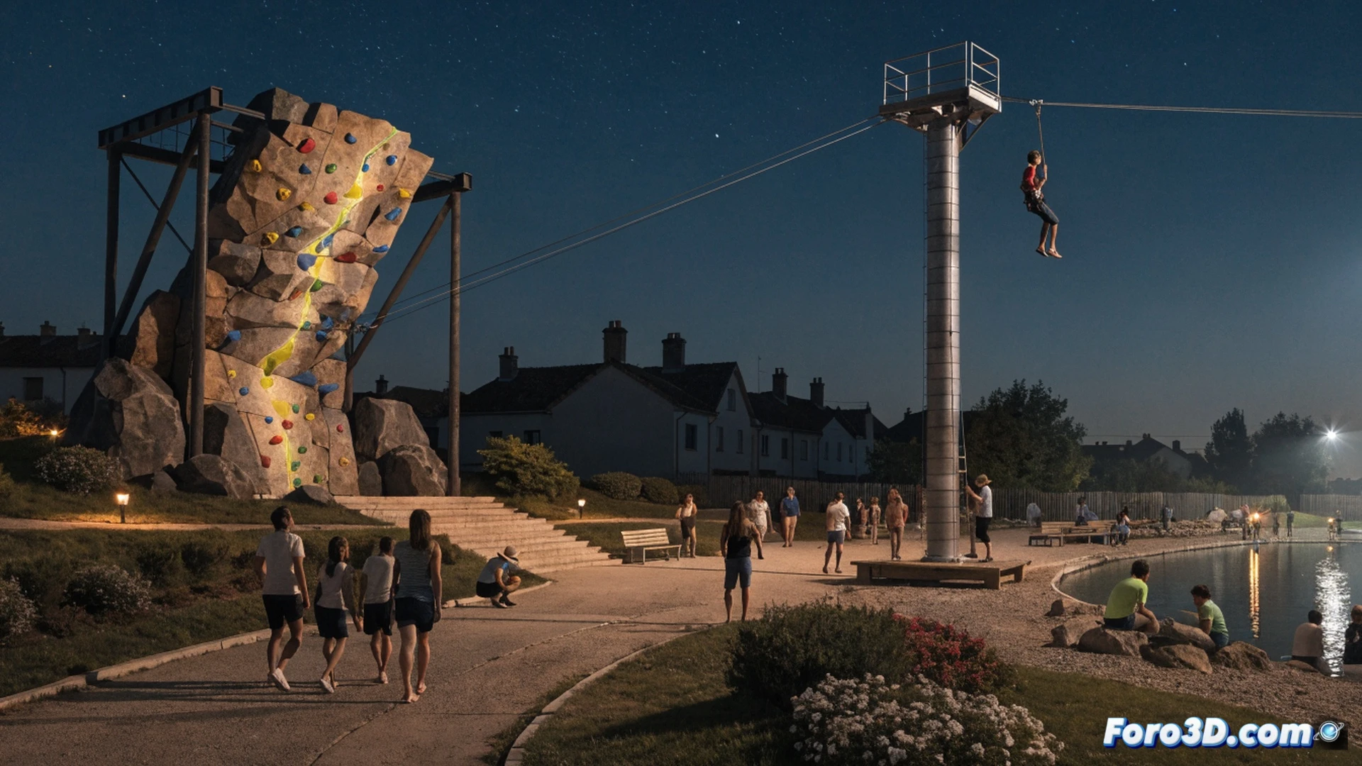 rocódromo nocturno al aire libre, un niño escalando una pared de colores brillantes mientras una tirolina cruza la escena con un joven volando sobre la piscina municipal, luces LED azules y cálidas iluminando el área, familias mirando desde el césped, atardecer naranja y violeta, estilo cinematográfico fotorrealista, textura de agarres de rocódromo visibles, cable de acero tenso y polea metálica en movimiento, reflejos de agua en la piscina, ambiente festivo y seguro, acción dinámica, profundidad de campo suave.