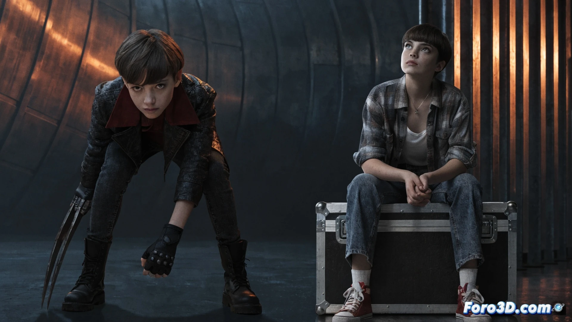 young girl actress in a dimly lit casting room holding a metal prop claw, X-23 audition scene with a casting director reviewing a tablet showing a Wolverine character sheet, Dafne Keen portrait on a monitor in the background, cinematic photorealistic style, dramatic spotlight on the girl s face, casting table with scripts and headshots, tense moment of decision, ultra-detailed facial expressions, soft key light with cool shadows, technical film set atmosphere