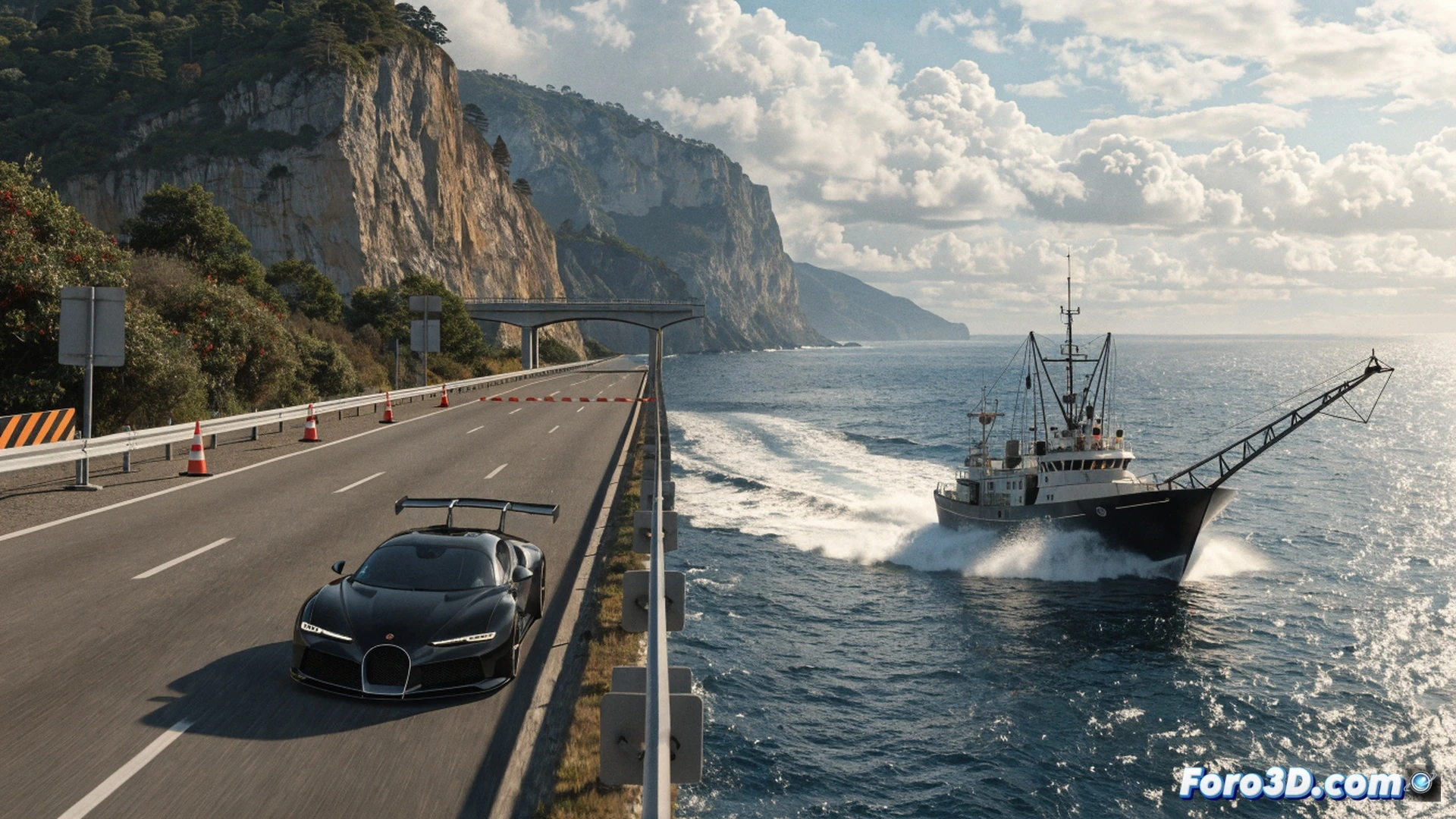 hypercar Bugatti Mistral accelerating on empty coastal highway at dawn, ocean waves visible in background, a large fishing boat racing parallel offshore, police car with flashing lights blocking intersection in distance, dust and tire smoke behind Bugatti, aerodynamic airflow lines visible over the carbon fiber body, open cockpit with driver gripping steering wheel, cinematic engineering visualization, photorealistic render, dramatic golden hour lighting, motion blur on wheels and ocean surface, ultra-detailed reflections on polished metal and glass, high-contrast shadows, technical automotive photography style