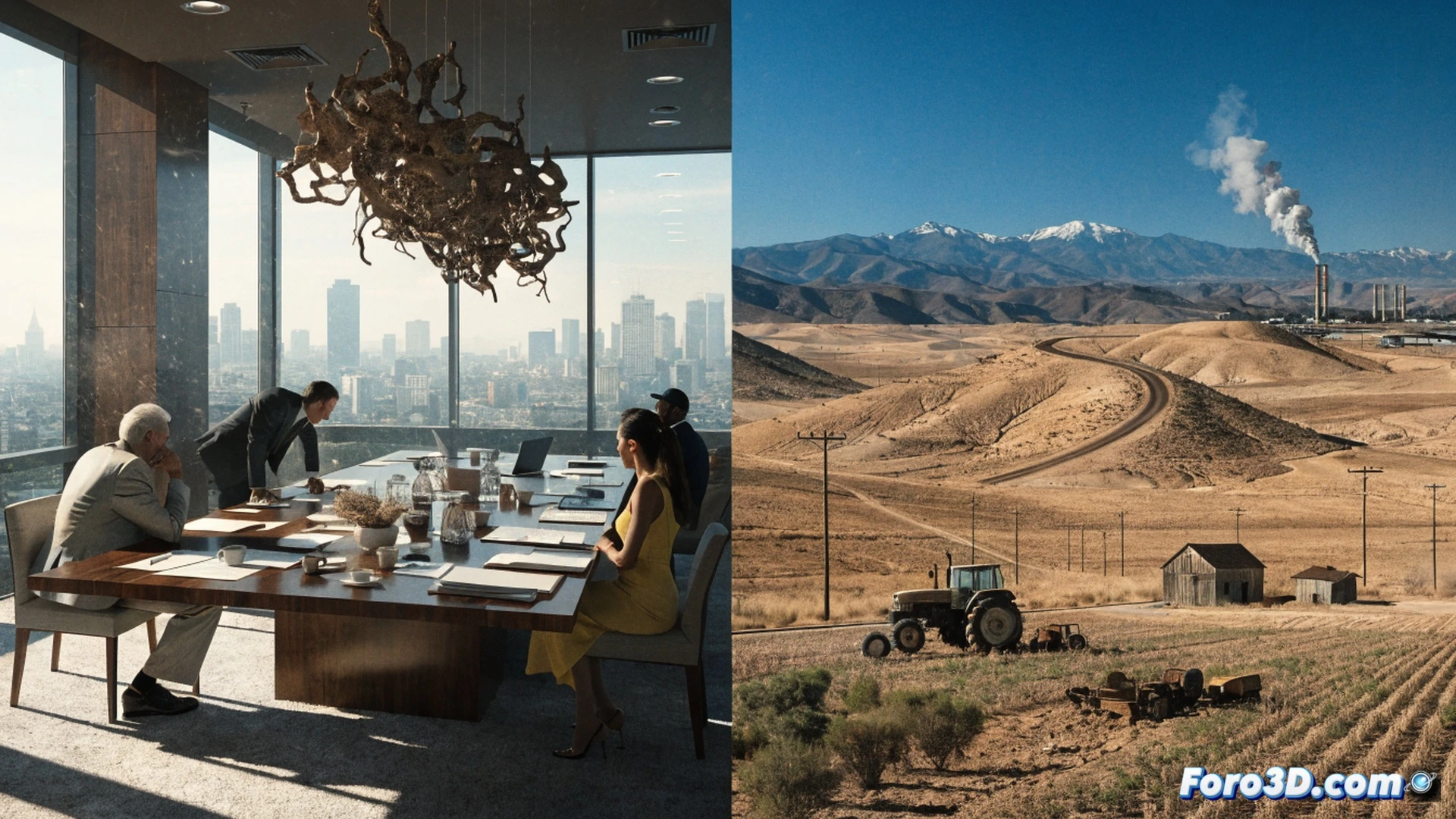 Aerial view of a vast California agricultural field being split by a massive concrete wall under construction, bulldozers pushing dry soil while irrigation pipes lie abandoned and cracked, a lone farmer holding a blueprint stands facing a luxury SUV with tinted windows, drought-stricken orange groves withering in the background, cracked earth spreading toward a distant suburban development, cinematic photorealistic engineering visualization, high-angle shot emphasizing the contrast between green farmland and brown desert, harsh midday sun casting long shadows, dust clouds rising from heavy machinery, dramatic environmental tension, ultra-detailed textures of dry earth and construction materials