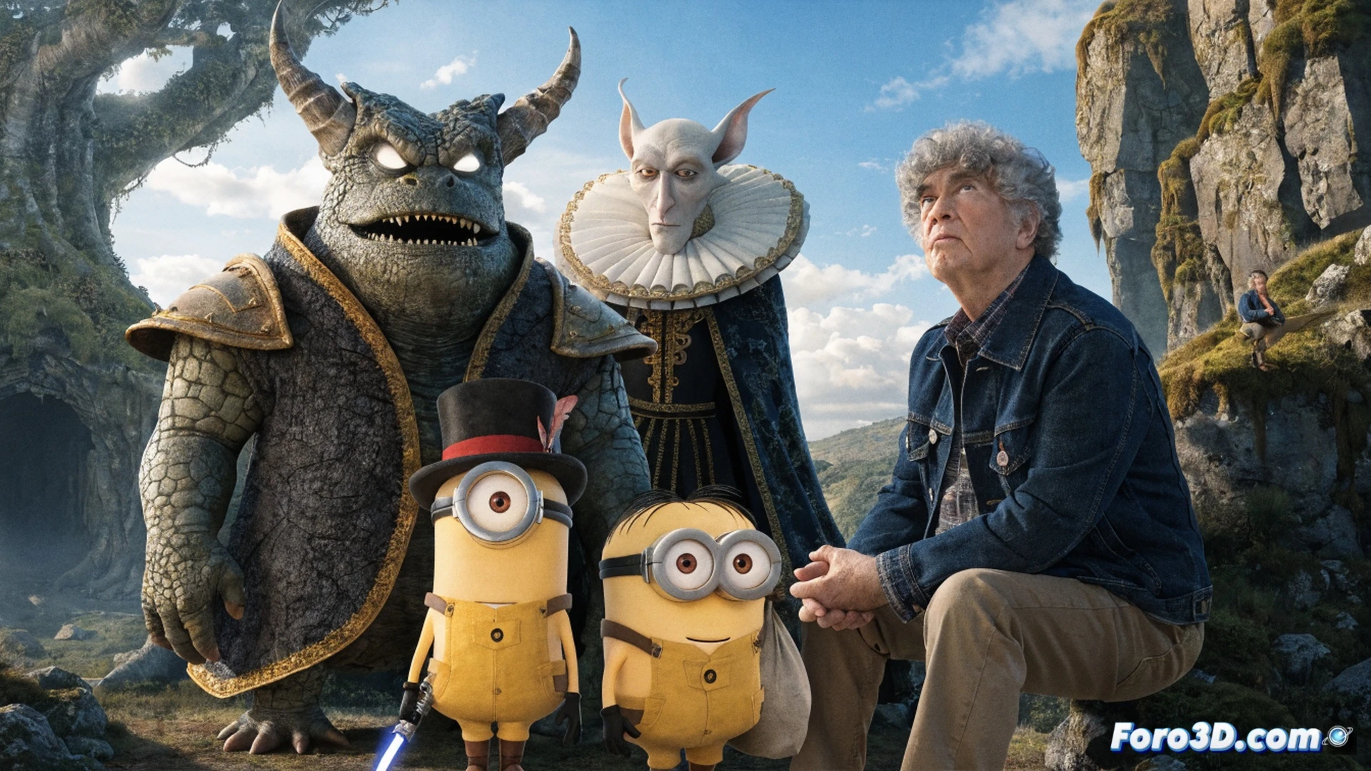 animated minion characters in a chaotic laboratory scene, one minion wearing George Lucas-style director glasses holding a clapperboard, another minion operating a vintage film camera with glowing red button, a third minion tangled in cables while a monster-shaped puppet emerges from a monitor, cinematic illustration style, bright yellow and purple color palette, comic action poses, motion blur on falling film reels, mechanical camera parts visible, playful lighting with dramatic shadows, photorealistic render with cartoon textures, clean technical lines for hardware details, dynamic group composition showing collaboration