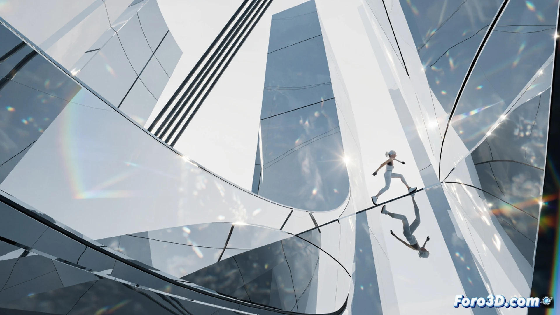 photorealistic cinematic scene of a female parkour runner leaping across a glass rooftop at sunrise, city skyline reflecting in polished surfaces, ray-traced sunlight casting sharp shadows on ultra-white minimalist architecture, Frostbite Engine technical visualization, glowing specular highlights on metallic edges, motion blur on her red jacket while her hand reaches for a chrome ventilation shaft, clean angular geometry, dramatic contrast between bright sky and dark underpass below, engineering illustration style, ultra-detailed reflective materials, real-time rendering process demonstrated