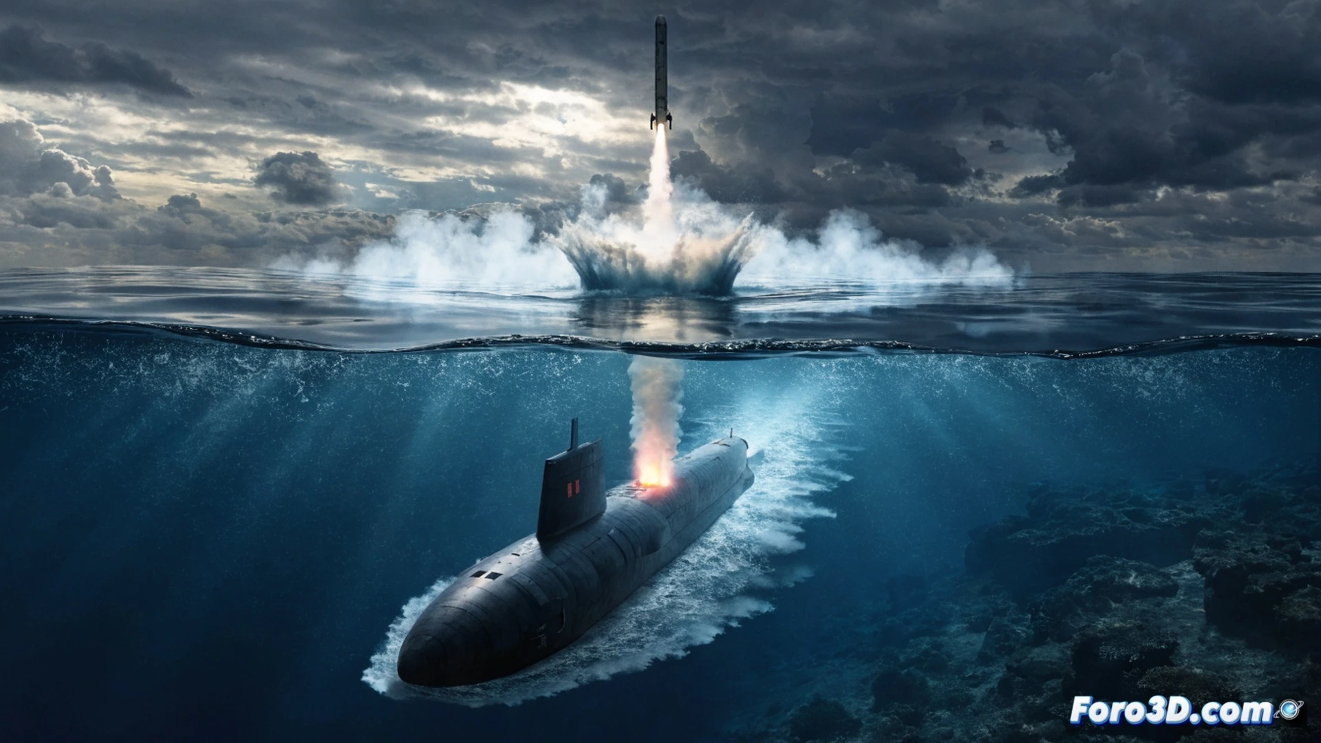 Submarino nuclear emergiendo en aguas del Pacífico Sur, misil balístico de largo alcance ascendiendo desde la superficie oceánica, estela de vapor y burbujas blanca durante el lanzamiento, ondas concéntricas expandiéndose alrededor del casco negro, antenas y sistemas de comunicación desplegados en la vela del submarino, cielo tormentoso con nubes grises, horizonte marino abierto, estilo cinematográfico fotorrealista, iluminación dramática con destellos anaranjados del motor del misil, detalles metálicos reflectantes en la estructura del submarino, representación técnica de ingeniería naval militar