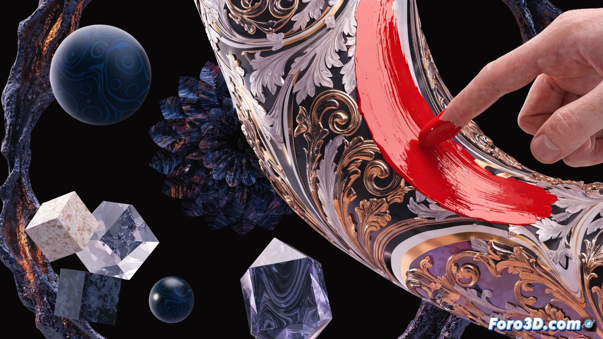 digital artist painting realistic PBR textures onto a 3D ceramic vase model inside a web browser tab, cursor actively brushing metallic roughness onto the surface, Blender window visible in background showing the same model with updated textures, no software installation icons visible, clean minimalist browser interface with texture controls and material sliders, cinematic technical illustration style, warm studio lighting highlighting the painted surface details, photorealistic material preview showing realistic reflections and surface imperfections, smooth workflow demonstration from Blender export to Mixos painting