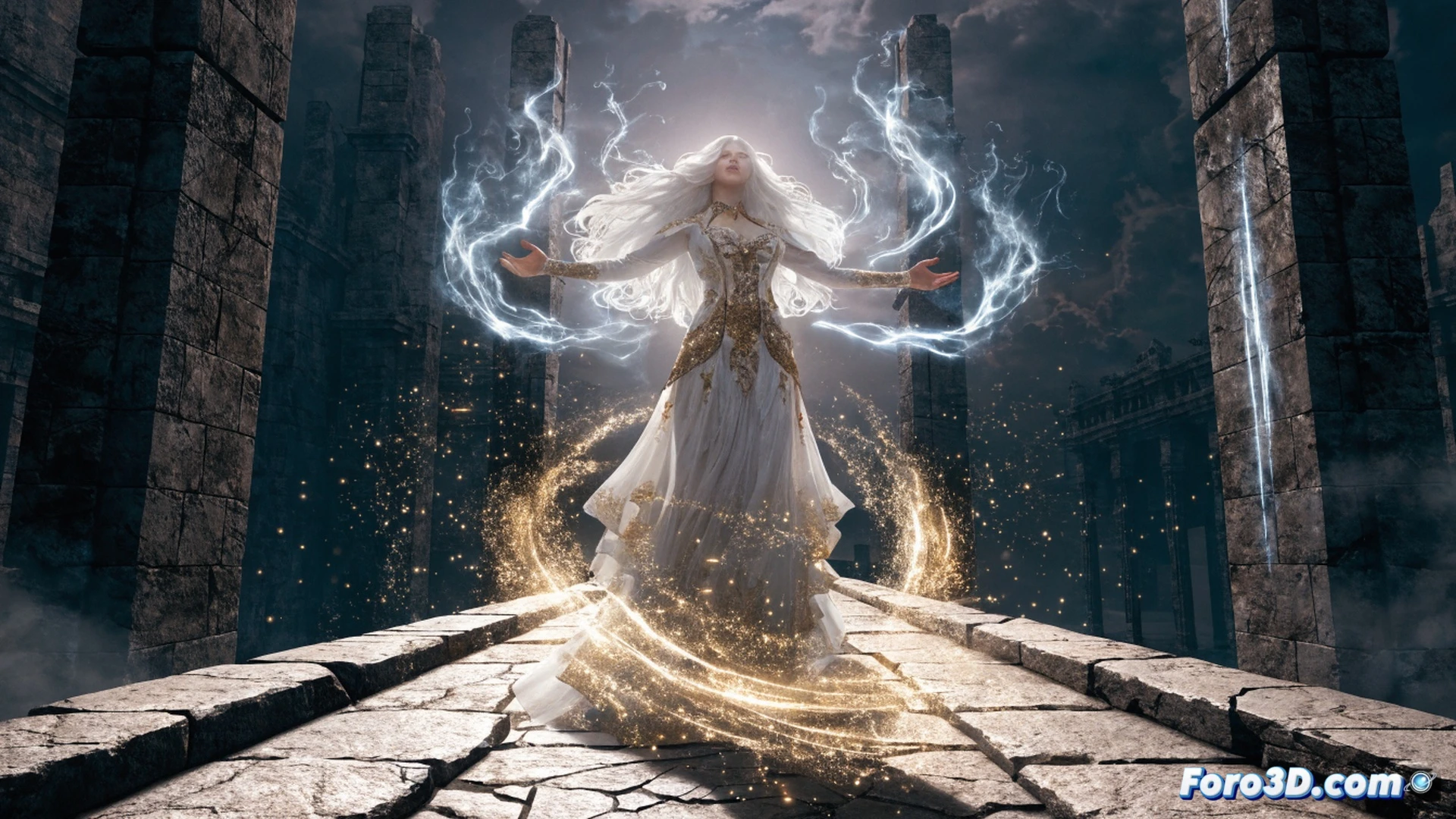 Queen Marika character model in Elden Ring modded gameplay, golden divine lightning erupting from her scepter while striking a Tree Sentinel boss, mod interface overlay showing active mod menu with toggle switches and download counter at 400, cinematic fantasy action scene, photorealistic character detail, glowing golden runes floating around her, armor with intricate filigree, dramatic backlighting from Erdtree, particle effects from holy attacks, motion blur on combat moves, ultra-detailed texture work, technical modding visualization