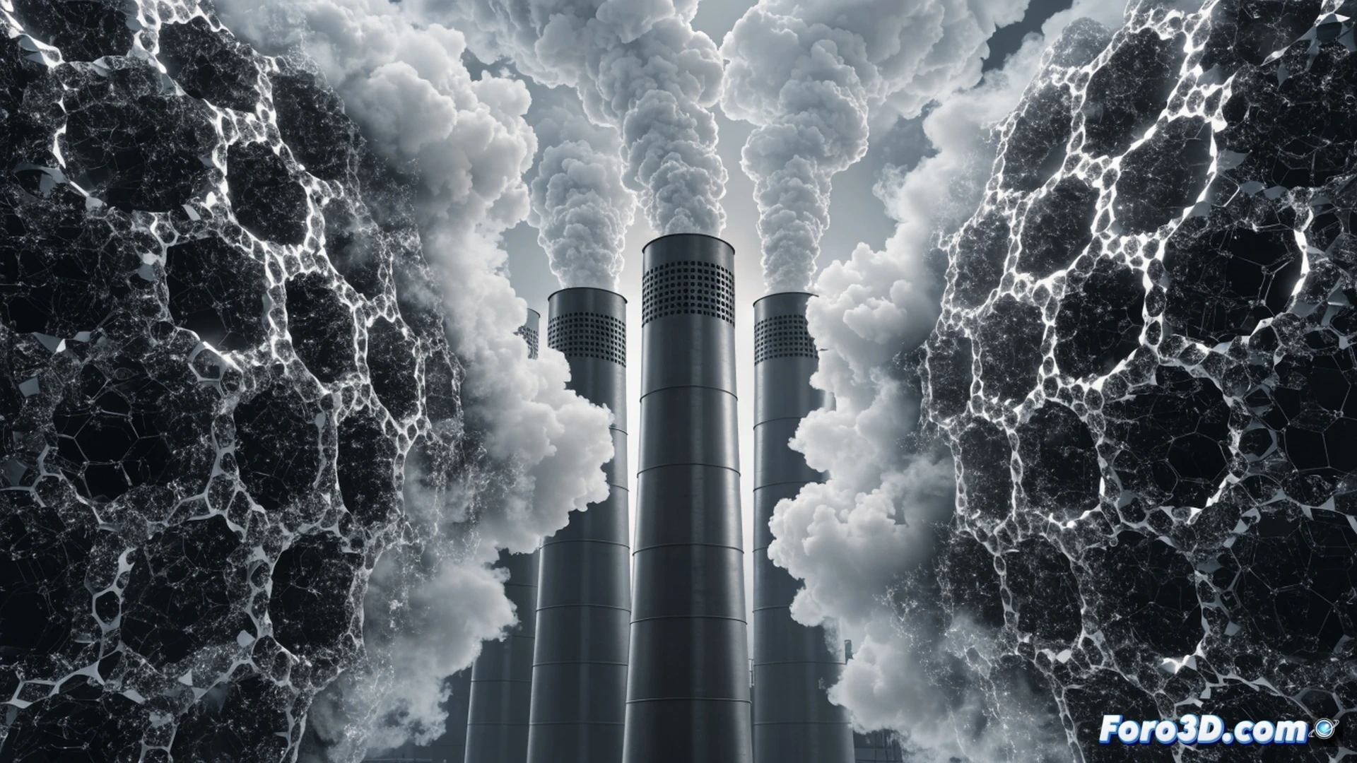 MOF crystalline lattice structure actively trapping CO2 molecules inside nanopores, industrial smokestack emitting gas stream in background, porous sponge-like blue crystals glowing under electron microscope beam, selective adsorption process showing carbon dioxide particles being pulled into hexagonal cavities, technical engineering visualization, cross-section view of crystal framework with visible molecular sieving action, metallic nodes and organic linkers forming precise grid patterns, dramatic dark laboratory lighting with cool blue and teal highlights, ultra-detailed crystalline surfaces, photorealistic scientific render