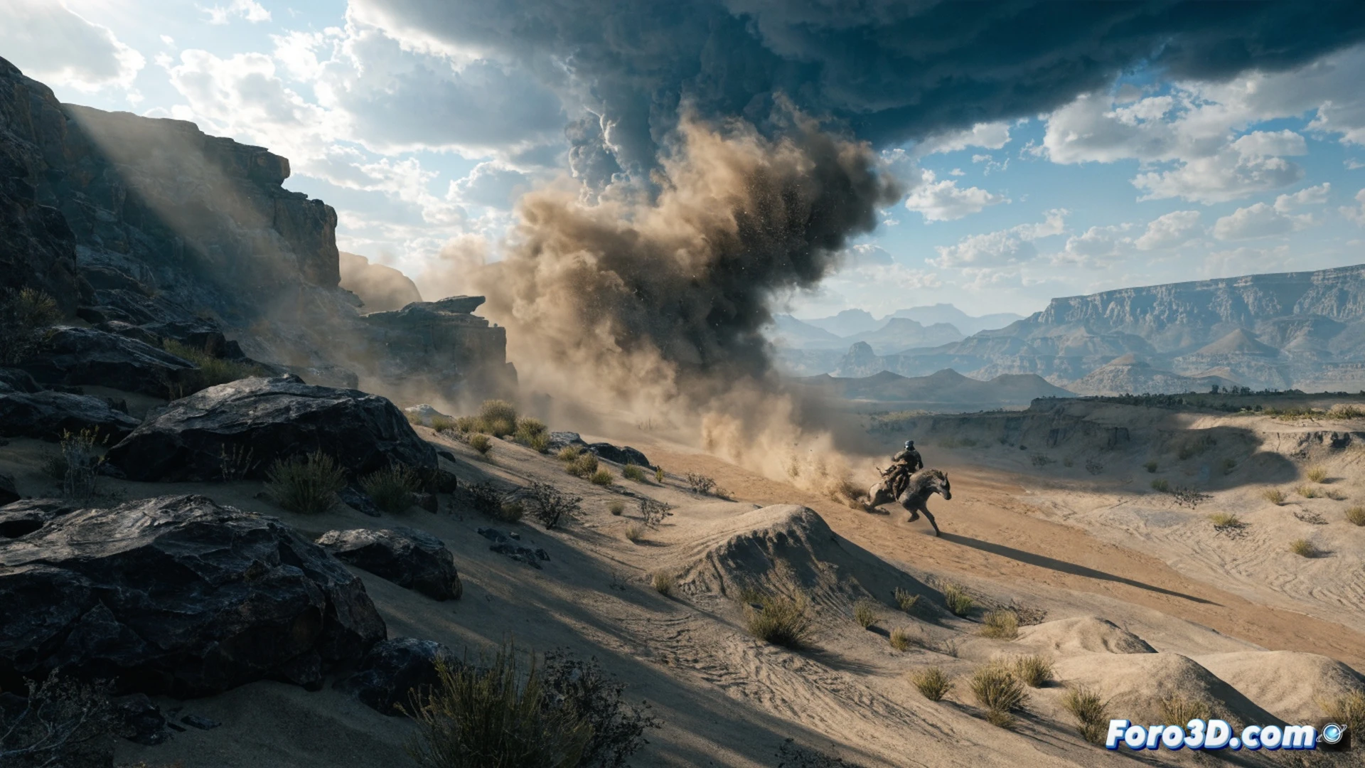 massive desert biome in Monster Hunter Wilds, sandstorm sweeping across dunes while hunter runs on shifting terrain, RE Engine real-time deformation showing ground cracks and rising dust particles, no loading screens visible, seamless transition between rocky plateau and sandy valley, dramatic lightning flashes illuminating distant storm clouds, technical visualization of physics system processing environmental changes, hunter armor reacting to wind force, weapon casting dynamic shadows, photorealistic engineering render, cinematic action shot, ultra-detailed textures, volumetric fog and particle effects, glowing performance metrics overlay implied through scene complexity
