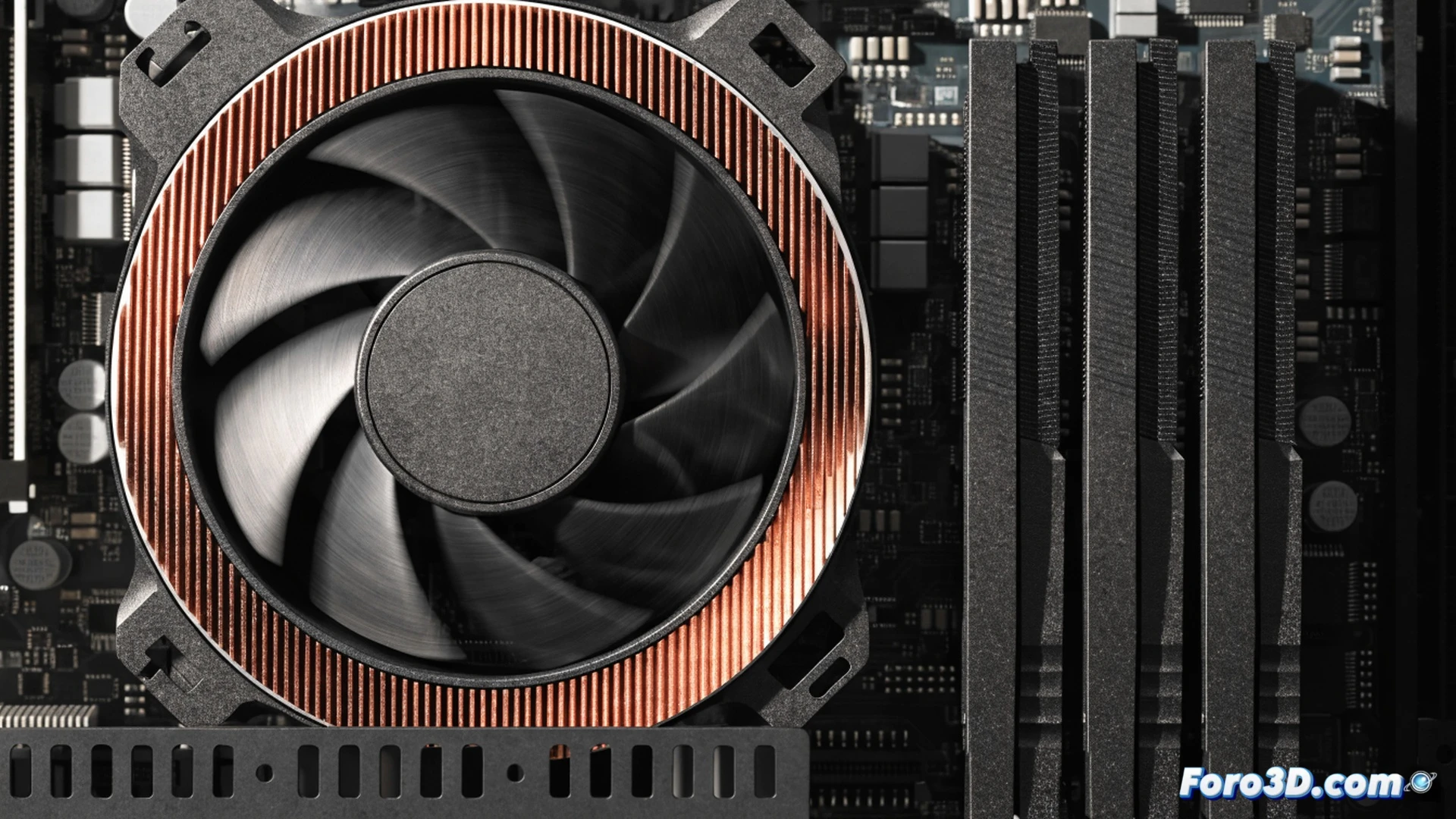 CPU cooler installation process on a motherboard, large tower heatsink with four heatpipes and a 120mm fan mounted over the CPU socket, RAM slots with tall heatspreaders partially blocked by the cooler overhang, fan speed increasing under load shown by motion blur on blades, decibel meter placed nearby displaying high noise levels, thermal imaging overlay showing moderate CPU temperature, cinematic engineering visualization, photorealistic technical render, dramatic side lighting highlighting heatsink fins and fan hub, realistic motherboard components with capacitors and VRM heatsinks, ultra-detailed metal textures and cable reflections