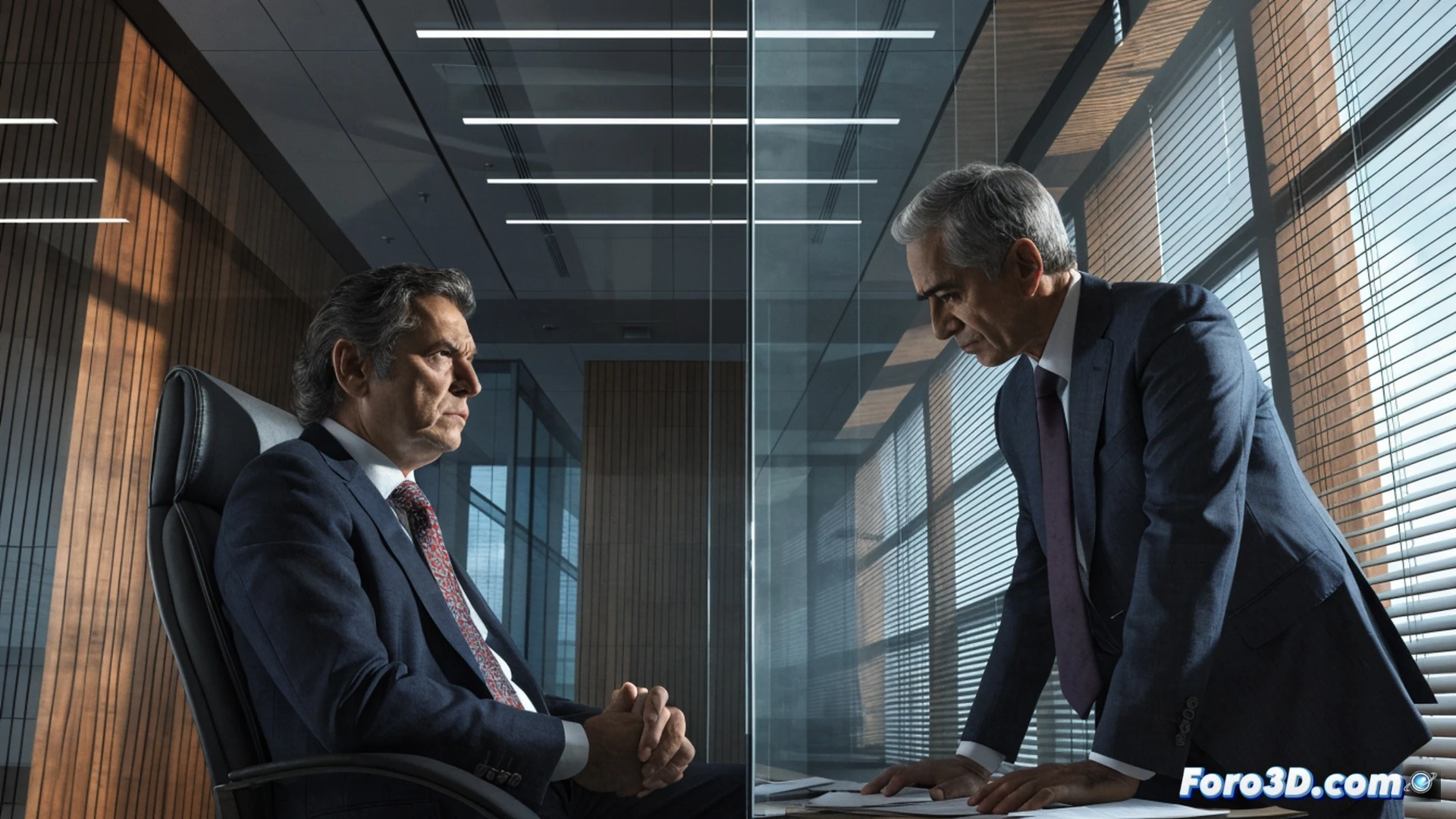 political negotiation scene, two figures in a modern glass-walled government building, one female minister pointing accusingly at a male regional president who is shaking hands with a conservative politician, documents with legal seals on the table, a smartphone displaying a news alert about a coalition agreement, a calculator and budget papers scattered nearby, cinematic photorealistic style, dramatic overhead lighting casting long shadows, tense body language, polished concrete floor reflecting the confrontation, ultra-detailed facial expressions, high-contrast professional photography aesthetic