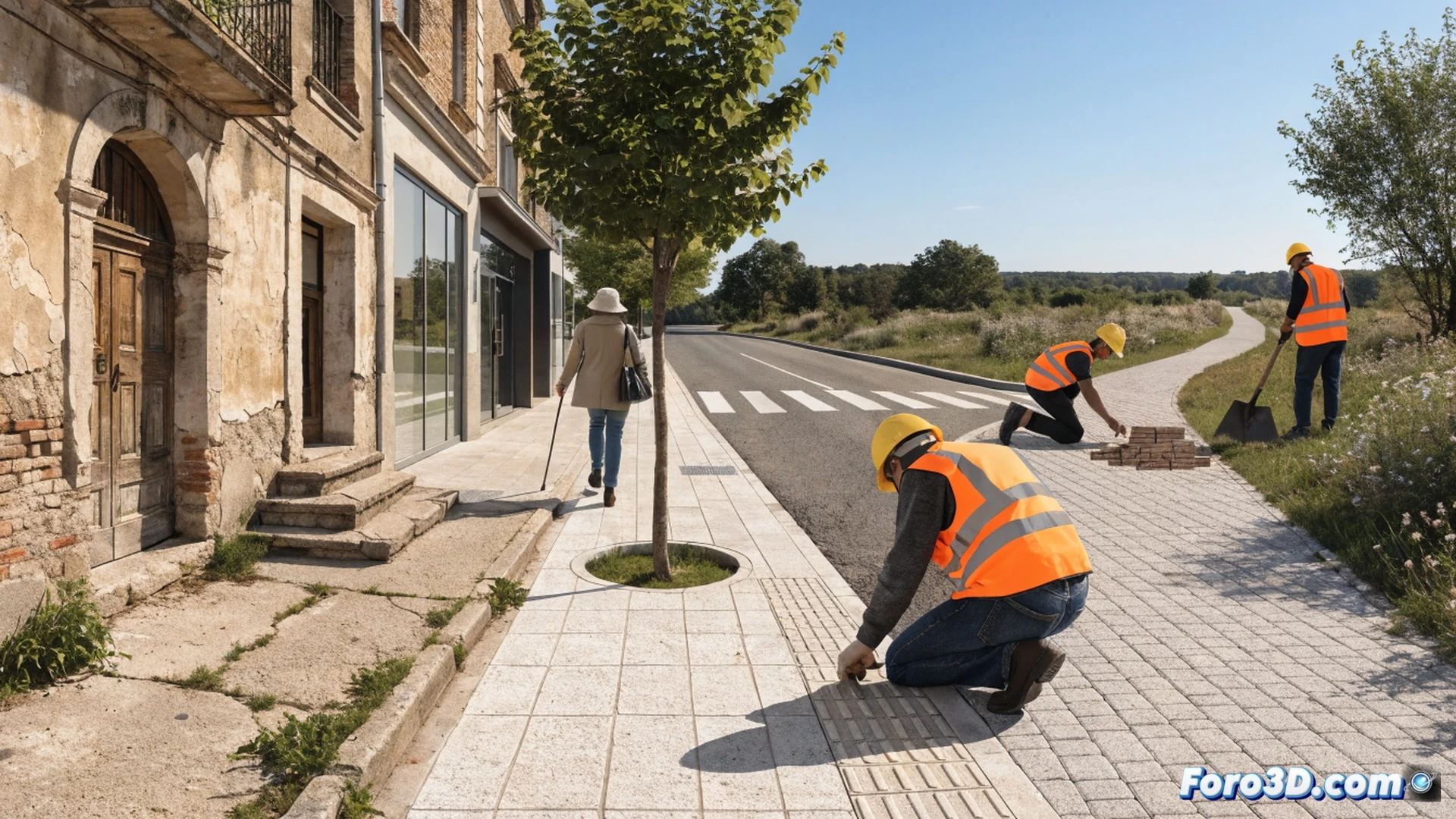 urban street renovation scene in Montilla, workers repairing cracked sidewalk with fresh concrete and paving stones, a wheelchair user smoothly navigating a new curb ramp while an elderly person walks on even pavement, yellow construction machinery resurfacing a rural path in background, bright daylight, clear shadows, photorealistic technical visualization, detailed textures of asphalt and stone, safety cones and orange barriers visible, action of removing barriers and improving accessibility, cinematic wide-angle shot, sharp focus on infrastructure details, warm southern Spain sunlight