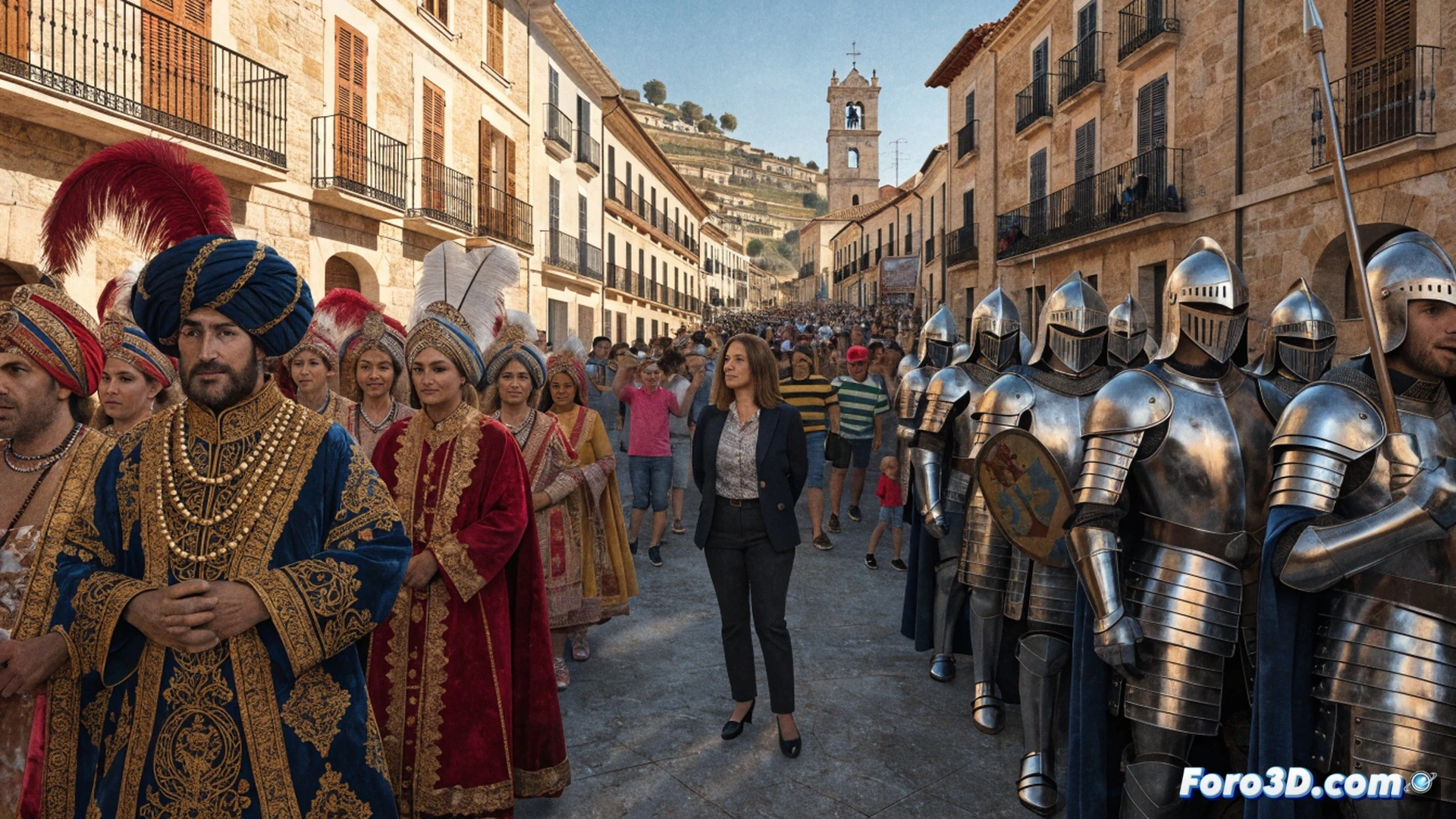 traditional Moros y Cristianos parade in a small Spanish town square, marching band in ornate costumes playing brass instruments, a new filà member raising a flag while receiving a ceremonial sword from a local official, crowd cheering with confetti and sparklers, photorealistic cinematic scene, warm golden hour sunlight casting long shadows, old stone buildings with balconies decorated with banners, children waving paper flowers, dramatic festive atmosphere, ultra-detailed costumes with metallic embroidery, realistic crowd expressions, technical illustration style with clear focal point on the ceremonial handover