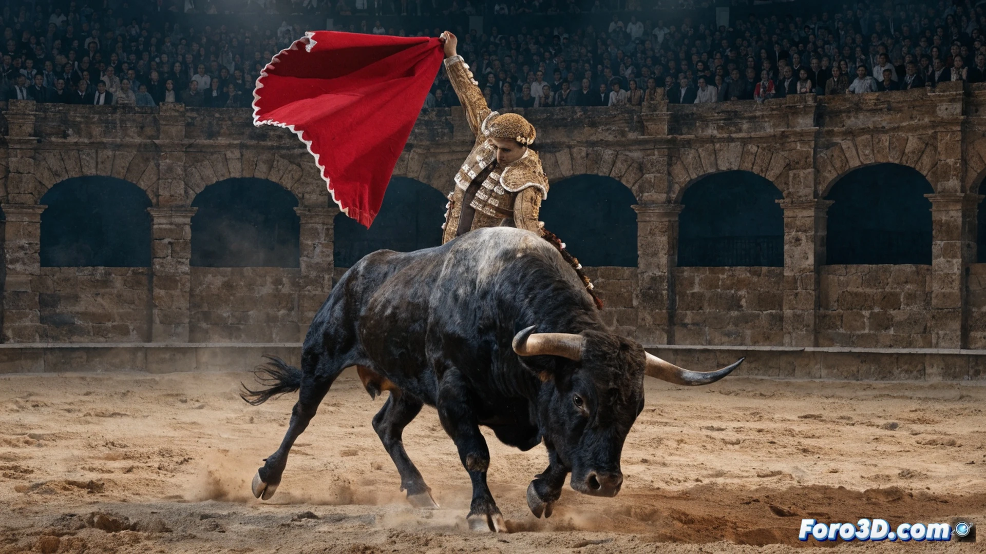 torero en traje de luces ejecutando un pase de pecho frente a un toro bravo, arena levantada durante el movimiento, sol de tarde iluminando la plaza de la Maestranza, graderío parcialmente lleno de aficionados, banderillas clavadas en el lomo del toro, capote rojo y dorado en acción, sombras largas proyectadas sobre el ruedo, estilo cinematográfico hiperrealista, textura detallada del albero y el bordado del vestido, profundidad de campo con enfoque en la embestida, fotografía técnica taurina dramática